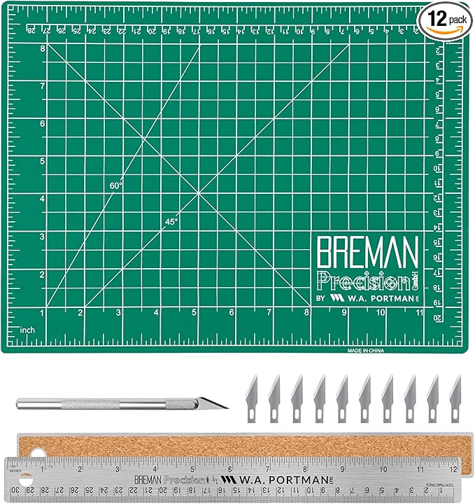 WA Portman 9x12 Inch Self Healing Cutting Mats for Crafts – Fabric Cutting Mat with Precision Craft Knife, 10 Hobby Knife Blades & Metal Ruler 12 Inch Cork Backed Ruler – All-in-One Craft Kit