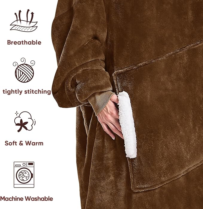 yescool Wearable Blanket Hoodie, Flannel Sherpa Fleece Blanket Sweatshirt for Adults Women Men,One Size Fits All