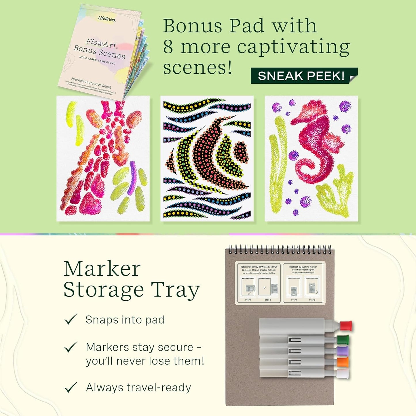 Lifelines FlowArt Activity Pad, 2-Pack & Bonus Pad - Guided Dot Art Meditations with Markers – Dot-Pop and Pogo-Dot Coloring Books for Tweens, Adults & Seniors