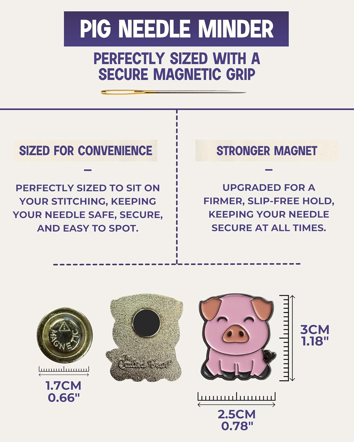 The Quilted Bear Needle Minder - Needle Minder Magnet for Keeping Sewing & Embroidery Needles, Cross Stitch Needles Safe - Stress Free Stitching Cross Stitch Supplies & Embroidery Supplies (Pig)