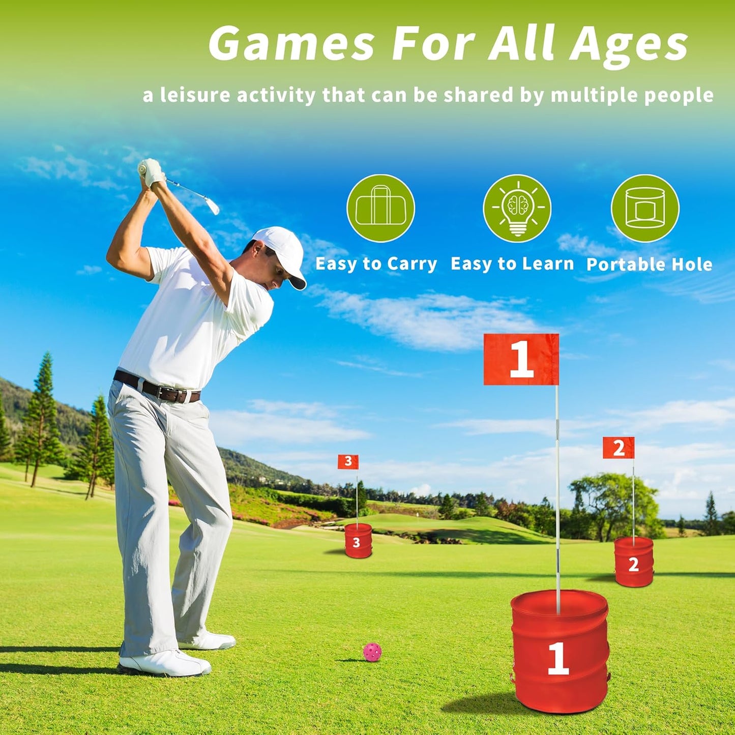 Golf Bucket Yard Game - Outdoor Lawn Games for Adults and Family with 2 Golf Bucket Club, 6 Hole Golf Course, Balls and Flag - Adult Golf Chipping Games for Backyard Beach Park Camping and Hotel