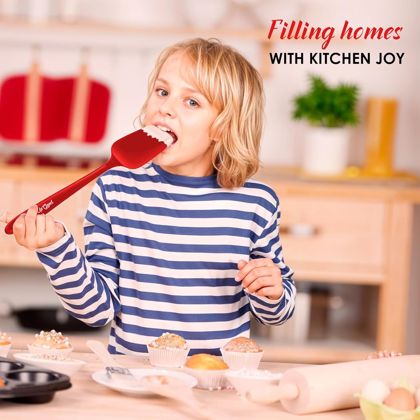 Silicone Spoon Spatula - 600ºF Heat-Resistant Non-Stick Rubber Spoonula | Use as Silicone Kitchen Scraper Utensil - Baking and Cooking Strong Stainless Steel Core | UpGood Kitchen Utensils, (Red)