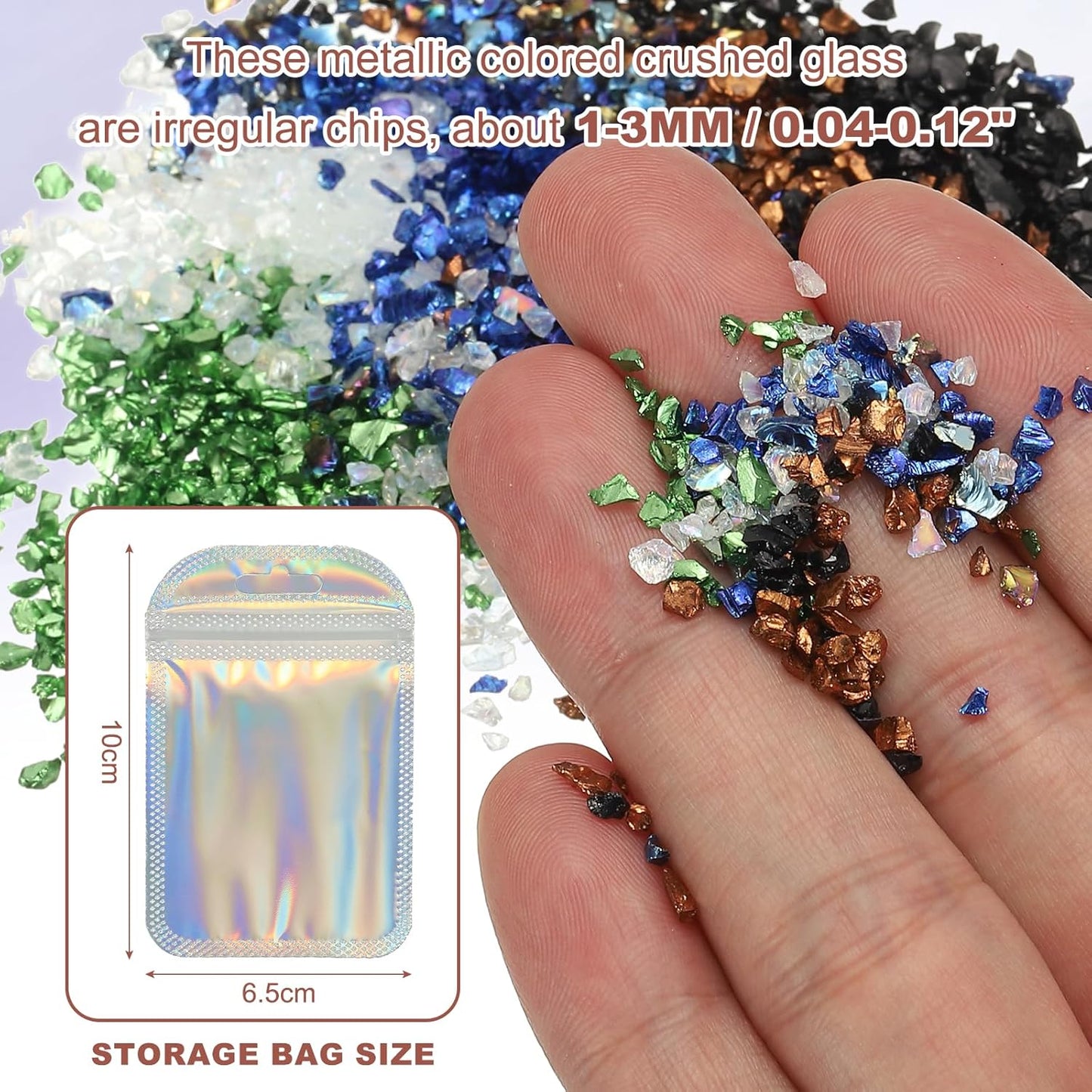 uxcell 6 Colors Crushed Glass Chips, 1-3mm Irregular Glitter Metallic Glass Broken Glasses Pieces with Laser Bag for Craft DIY Vase Epoxy Halloween Decoration 31g, Multicolored