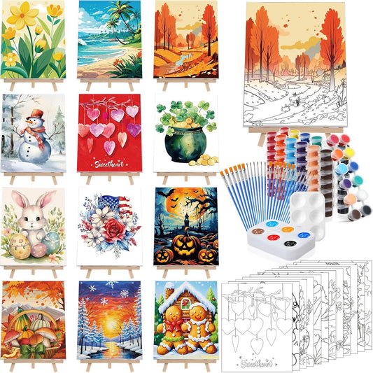 Zhanmai 12 Pack Pre Drawn Canvas for Painting Sip and Paint Kit 8" x 10" Paint Party Set Canvas Painting Pre Printed Canvases for Party Favor DIY Virtual Adult's Date Night (Classic Style)