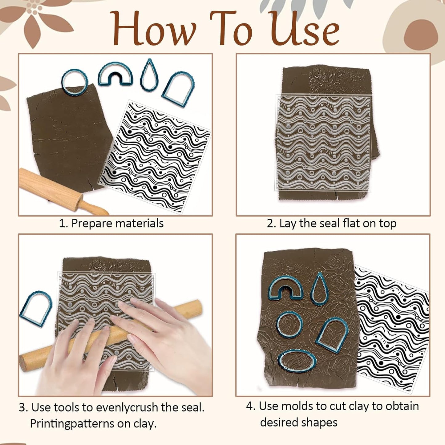 CHGCRAFT 4 Pcs Artistic Wavy Polymer Clay Texture Sheets Wavy Lines Silicone Texture Stamp Seamless Pattern Modeling Pattern Pad Sheets for Jewelry and Earrings Tools, 5.5x5.5 inch