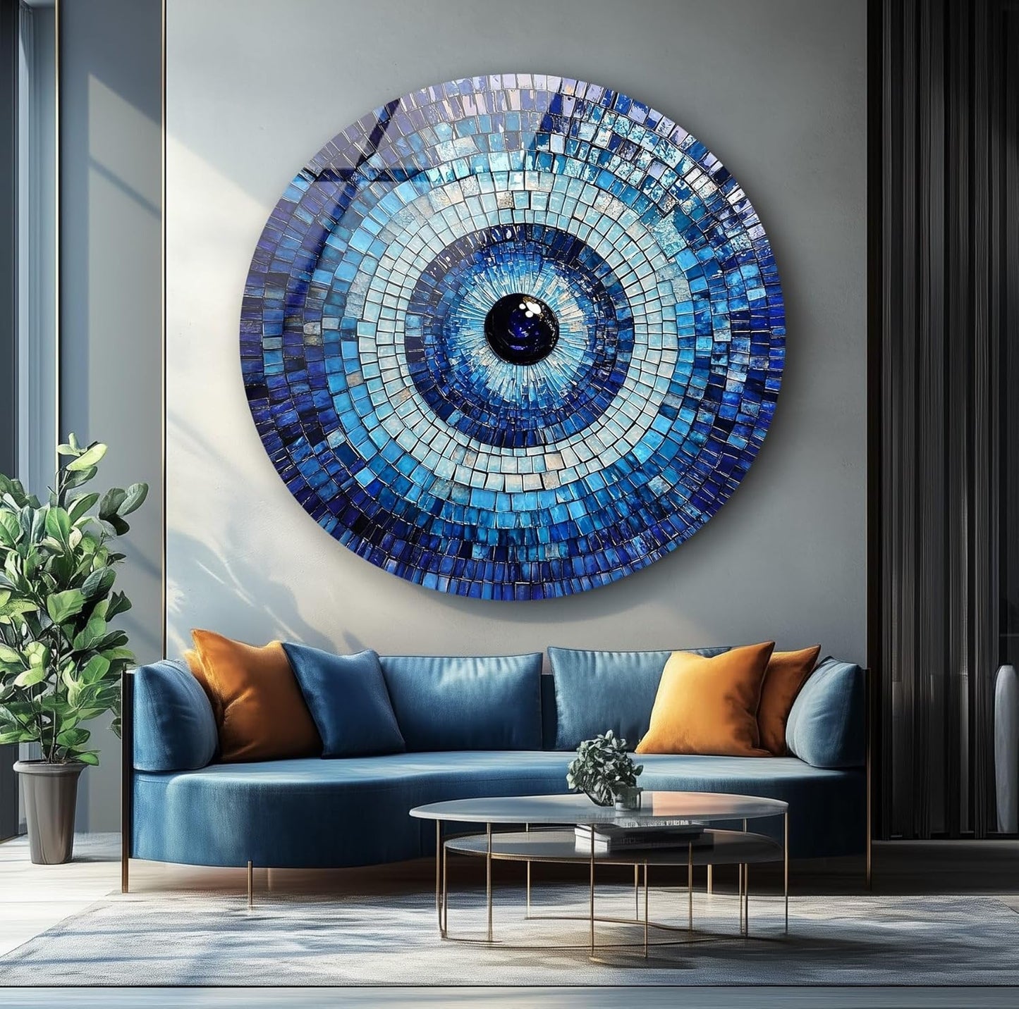 My Photostation.com 31.5''(80cm) Diameter Blue Mosaic Evil Eye Round Glass Wall Art Tempered Glass Printing Wall Decor Large Wall Art Wall Hangings