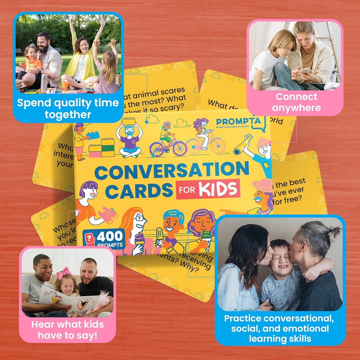 400 Conversation Cards for Kids – Engage Kids, Laugh, and Grow Closer During Family Dinner, Game Night, and Road Trips – Have Fun Building Social-Emotional Skills - Super Portable 2.5" x 1.75" Cards