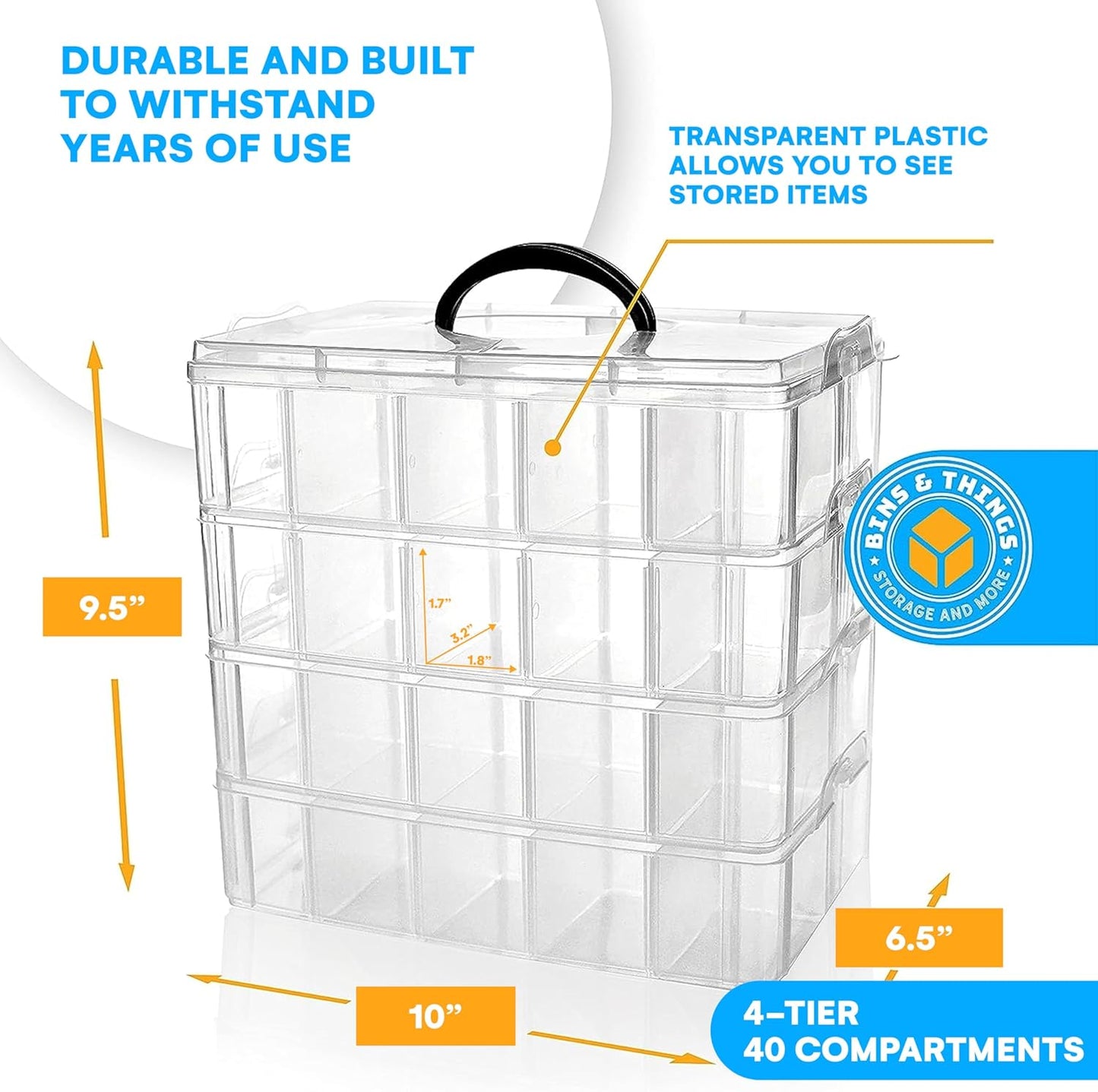 Bins & Things Clear 4-Tier Stackable Storage Containers with lids - 40 Adjustable Compartments for Craft Organizers - Storage box for Jewelry, beads, kids toys, makeup box and sewing supplies