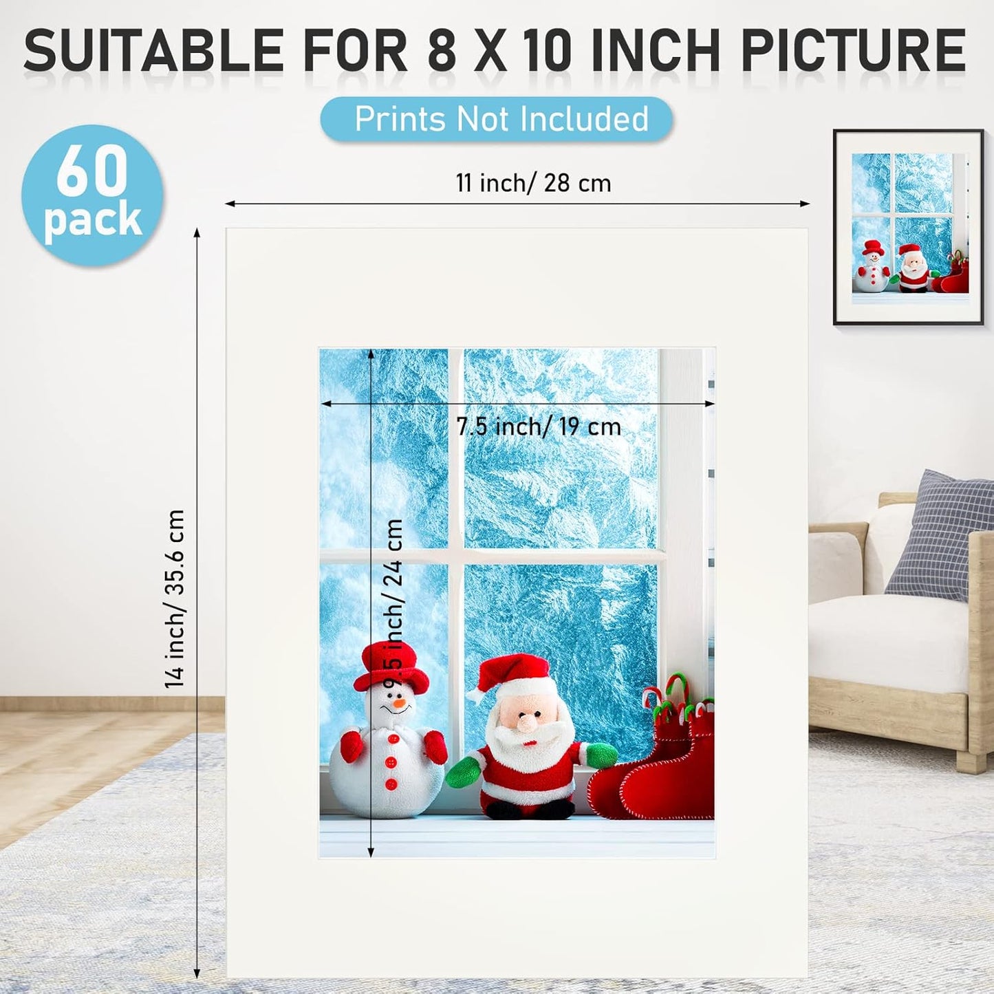 60 Pack Picture Mats 11 x 14 Inch Frame Mattes Matting with Acid Free Pre Cut Mattes White Core Bevel Cut Mats for 8 x 10 Pictures for Home Gallery Wall Hanging Art Decoration (Mixed Colors)