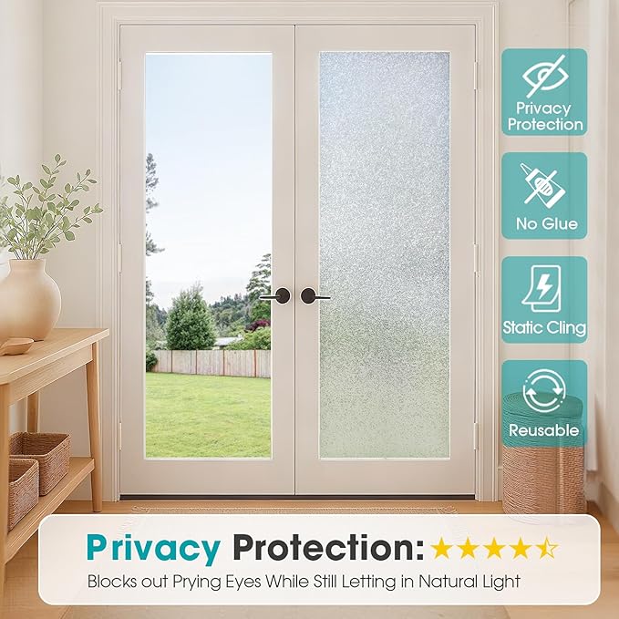 Coavas Window Privacy Film Frosted Glass Static Clings, Decorative Bathroom Door Privacy Film Day and Night, Heat UV Blocking Anti-Glare Frosting Stickers Renter Non-Adhesive, 29.5 x 78.7 Inch, Silver