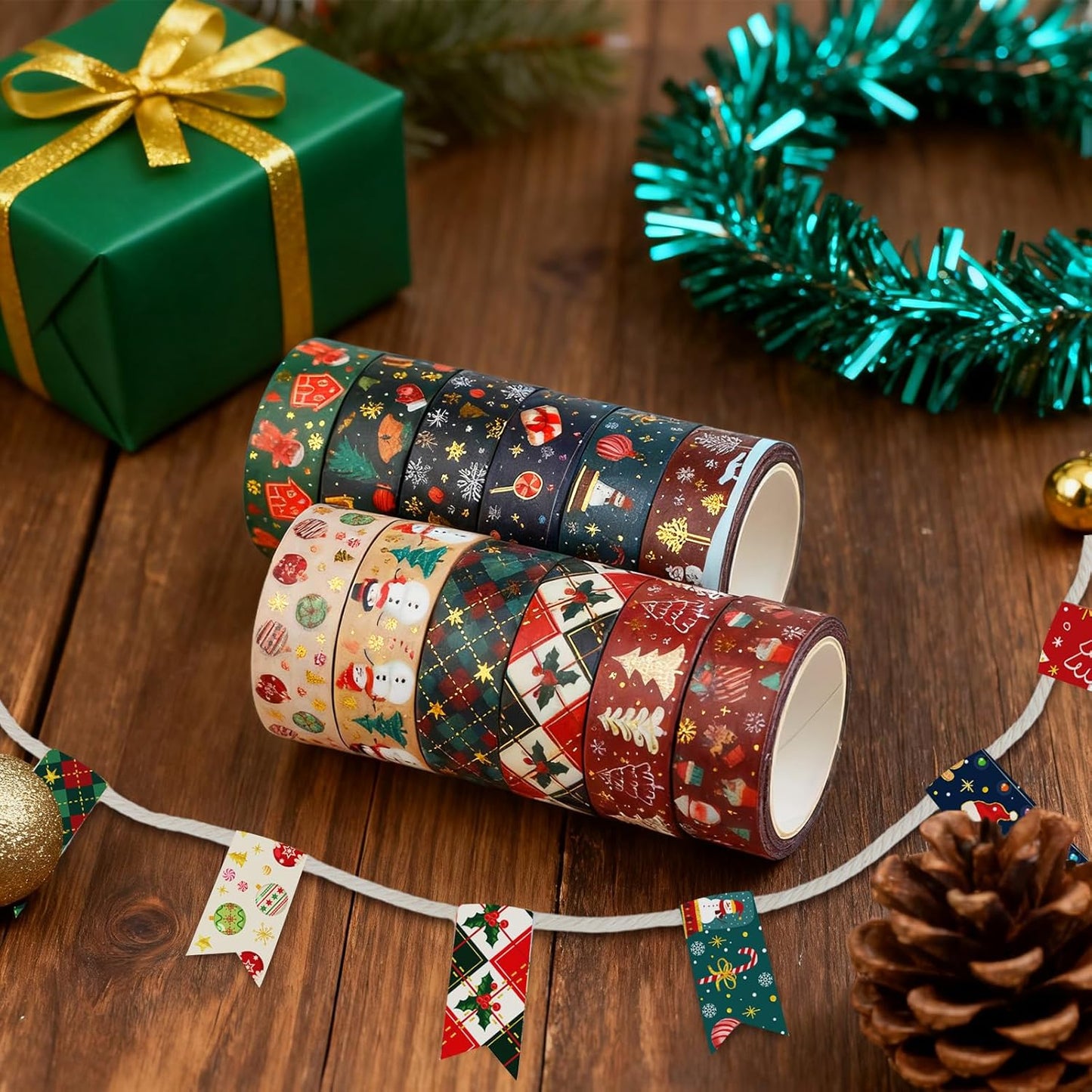 12 Rolls Christmas Washi Tapes Christmas Tree Snowman Snowflakes Gingerbread Man Masking Tape Red Green Gold Foil Xmas Decorative Tape for Xmas Scrapbook Journal Gift Wrapping DIY Crafts 16.4FT