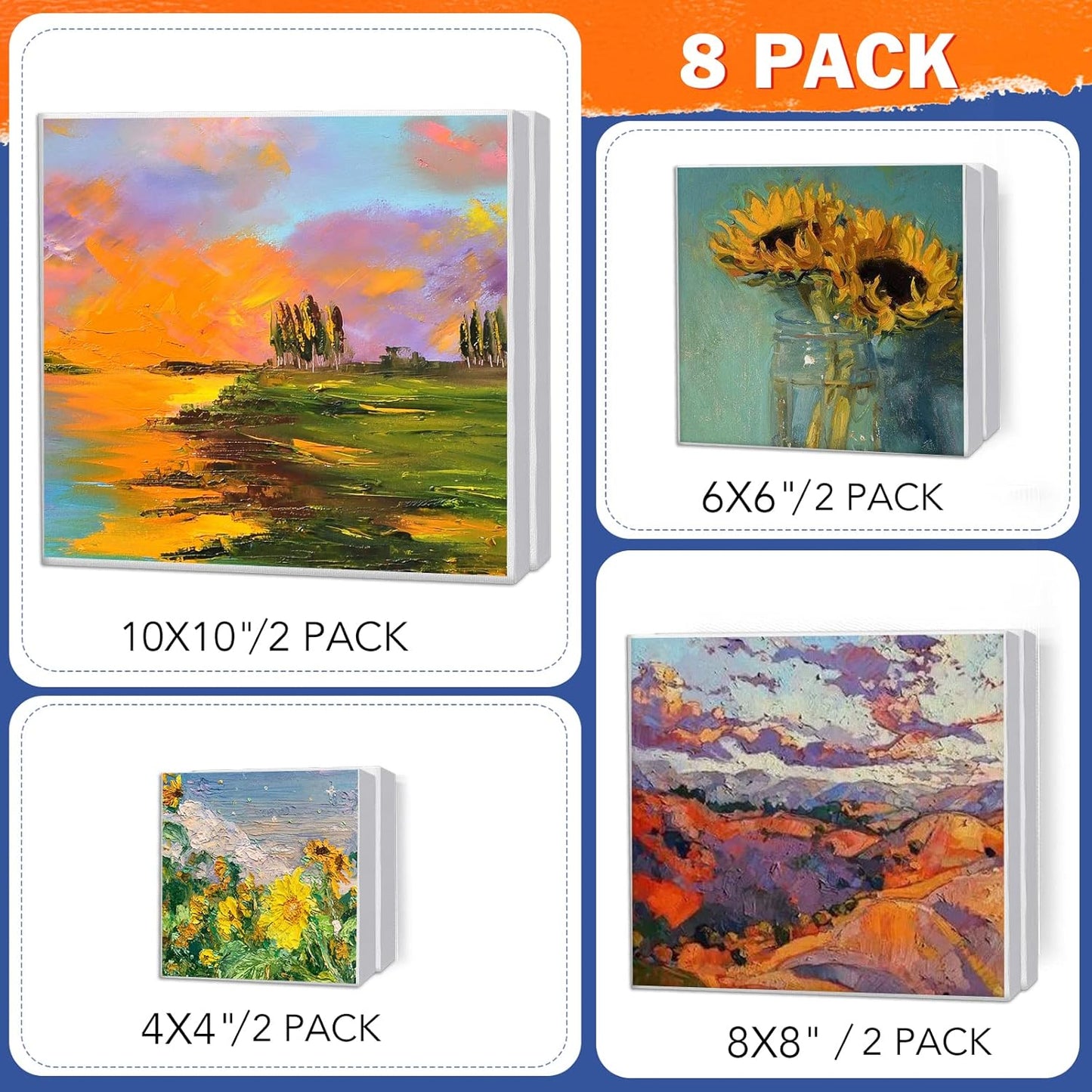 Stretched Canvases for Painting, 8PCS Multi Pack Square Canvas 4×4”, 6×6”, 8×8”, 10×10”(2 of Each), Acid-Free Wood Frame Blank Canvas, Art Canvas Pre Primed for Acrylic, Oil Painting, Tempera.