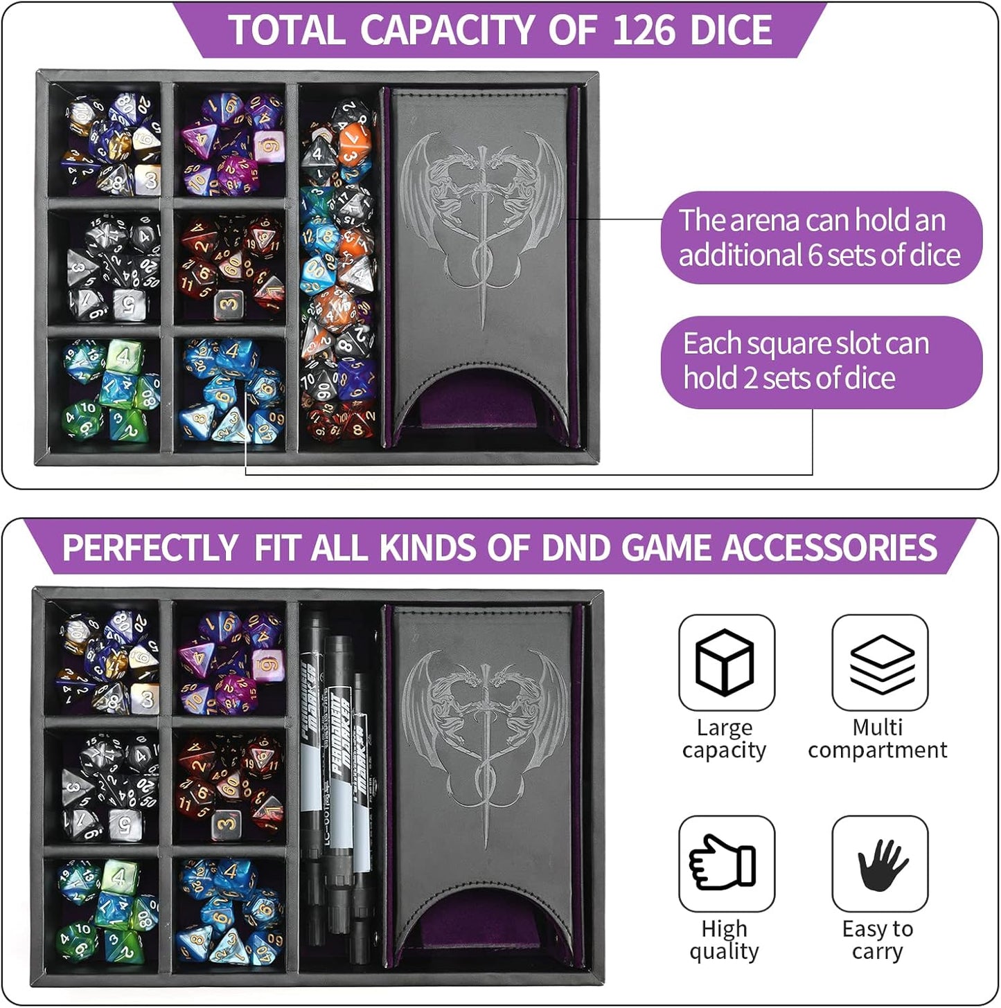 DND Dice Tray and Dice Tower with Storage, 3 in 1 Dice Rolling Tray with Lid, Portable Dice Box Storage, DND dice Holder for Dungeons and Dragons D&D RPG MTG Table Games - Purple
