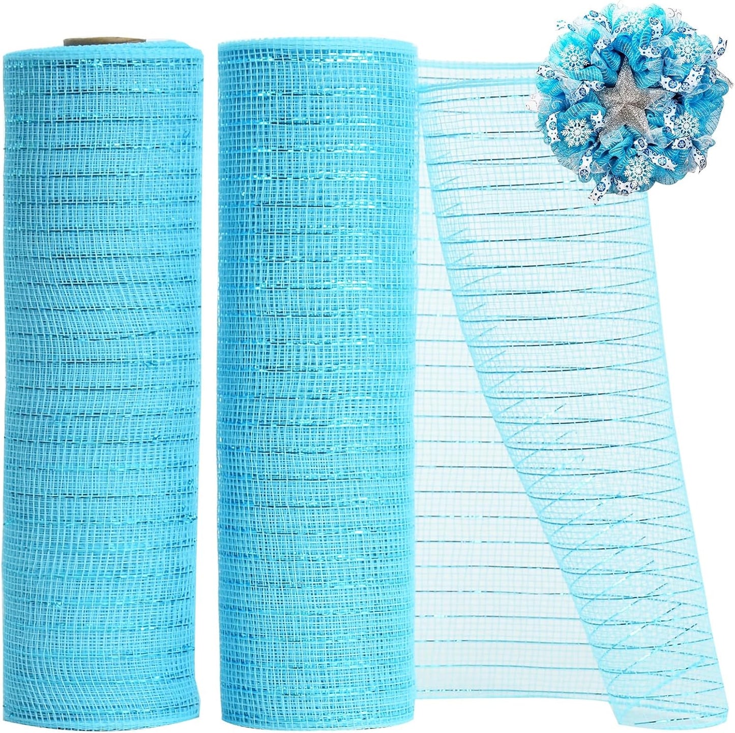 TONIFUL 2 Rolls 10 Inch Sky Blue Decorative Mesh Ribbbon Rolls, Fabric Mesh with Foil for Wreath Supplies, Front Door Wreath Crafts Tree Decor Christmas NewYears Halloween Decoration (10 yds/roll)