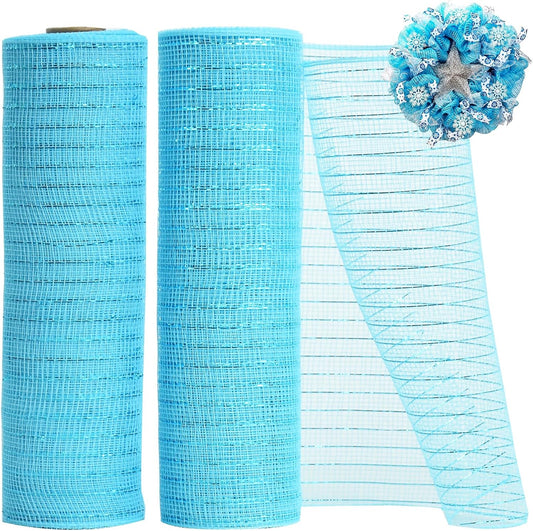 TONIFUL 2 Rolls 10 Inch Sky Blue Decorative Mesh Ribbbon Rolls, Fabric Mesh with Foil for Wreath Supplies, Front Door Wreath Crafts Tree Decor Christmas NewYears Halloween Decoration (10 yds/roll)