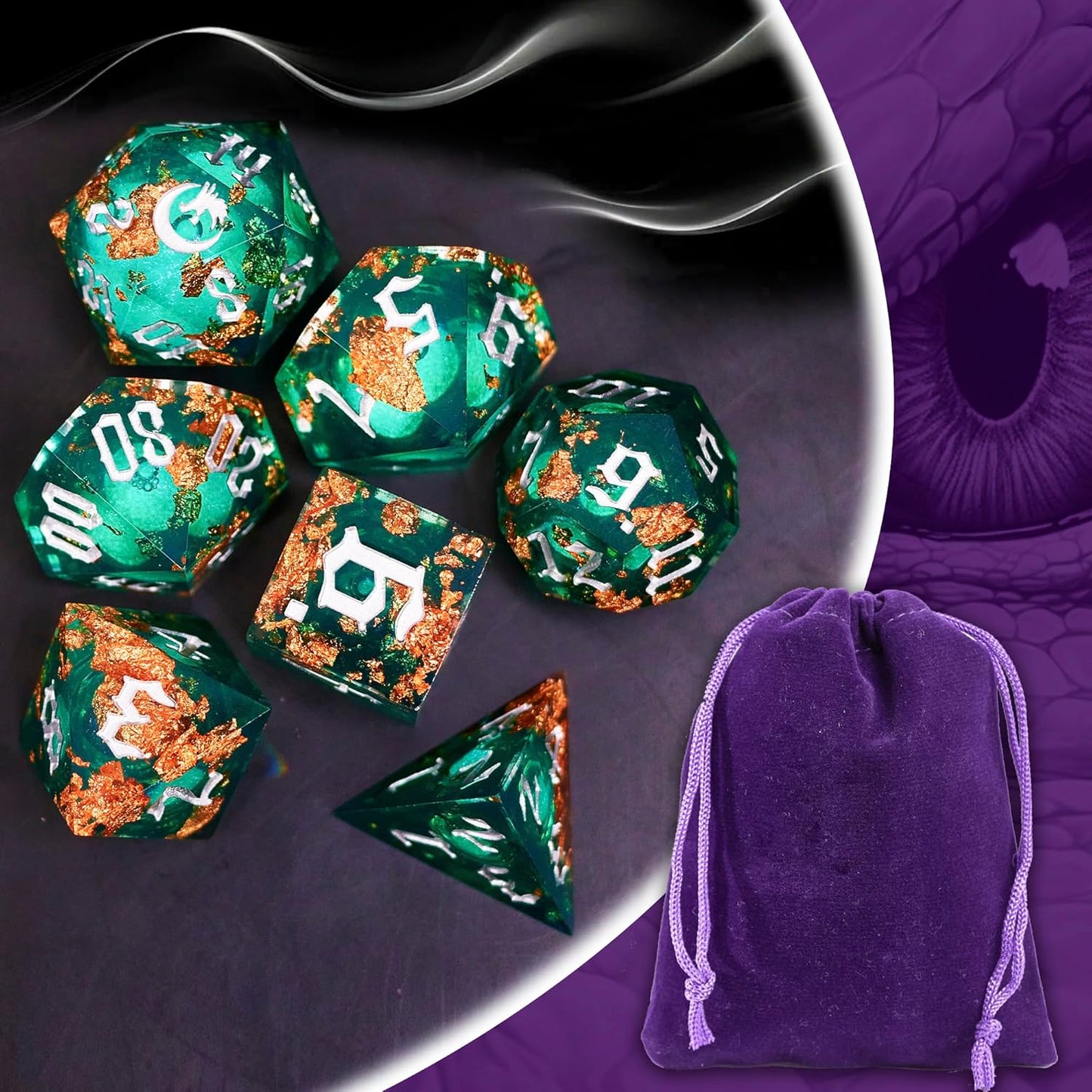 The Green Moon of Mystery Liquid Core DND Dice Set – Unique Resin Dice Set for Dungeons & Dragons – Galaxy Moon Dice for D&D Gifts