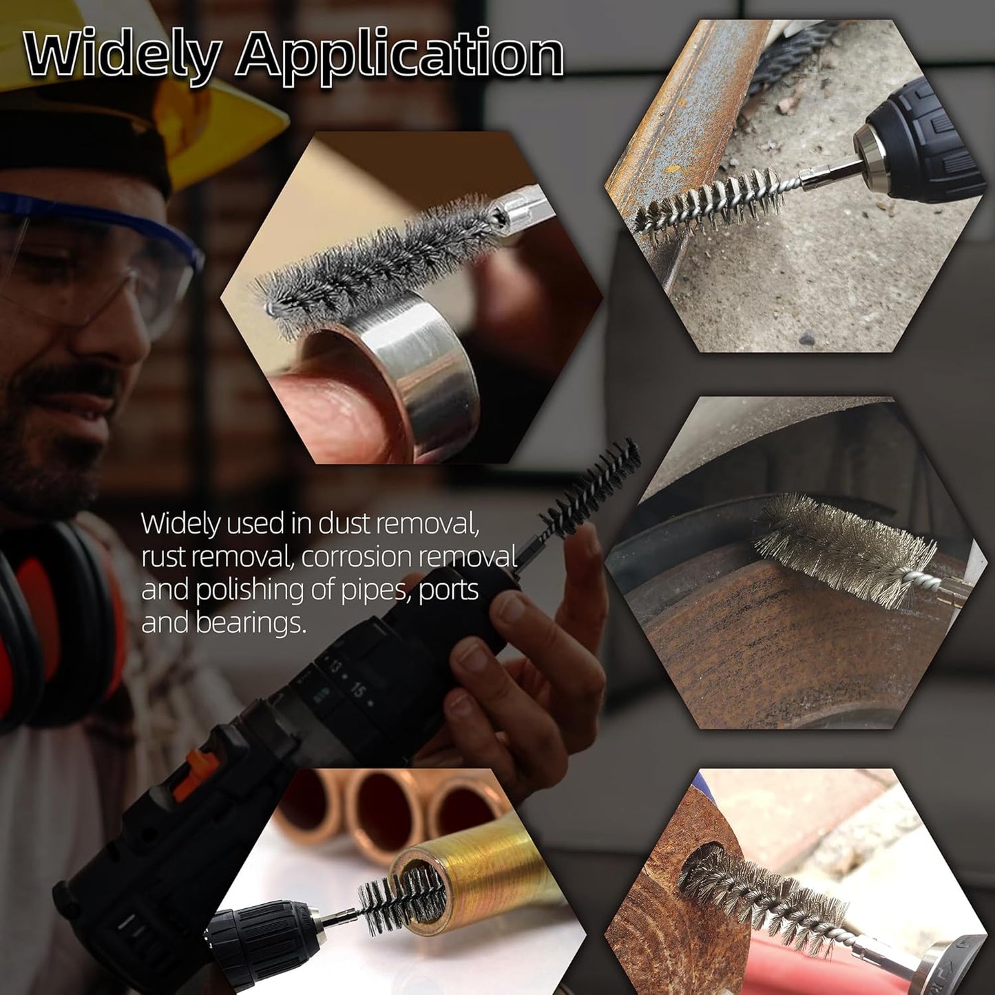 ASNOMY 7Pcs Wire Bore Brush for Drill,5/16"-1” Stainless Steel Copper Pipe Cleaner Set for Power Drill Cleaning,Abrasive Drill Wire Brush with 1/4" Hex Shank
