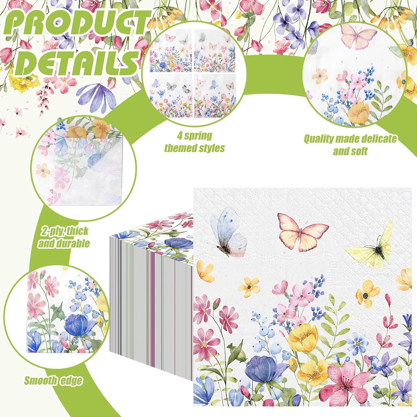 Fulmoon 200 Pieces Summer Floral Cocktail Napkins Disposable Wildflower Dessert Paper Napkins Bulk Flower Decoupage Beverage Towel for Summer Tea Party Dinner Decorative