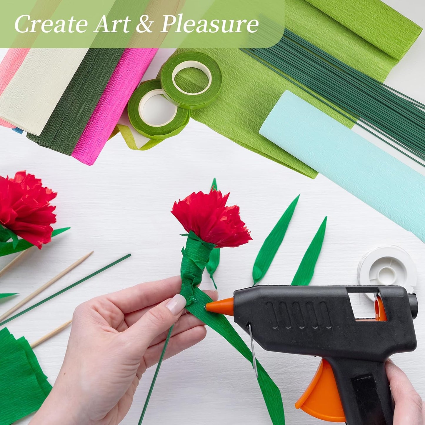 72Pcs Crepe Paper Flower DIY Kits, 20 Colors Crepe Paper Rolls 8.2ft Long 9.84 Inch Wide, 50 Pcs Green Floral Iron Wire and 2 Roll Green Tape for Birthday Parties Weddings Festival Decoration