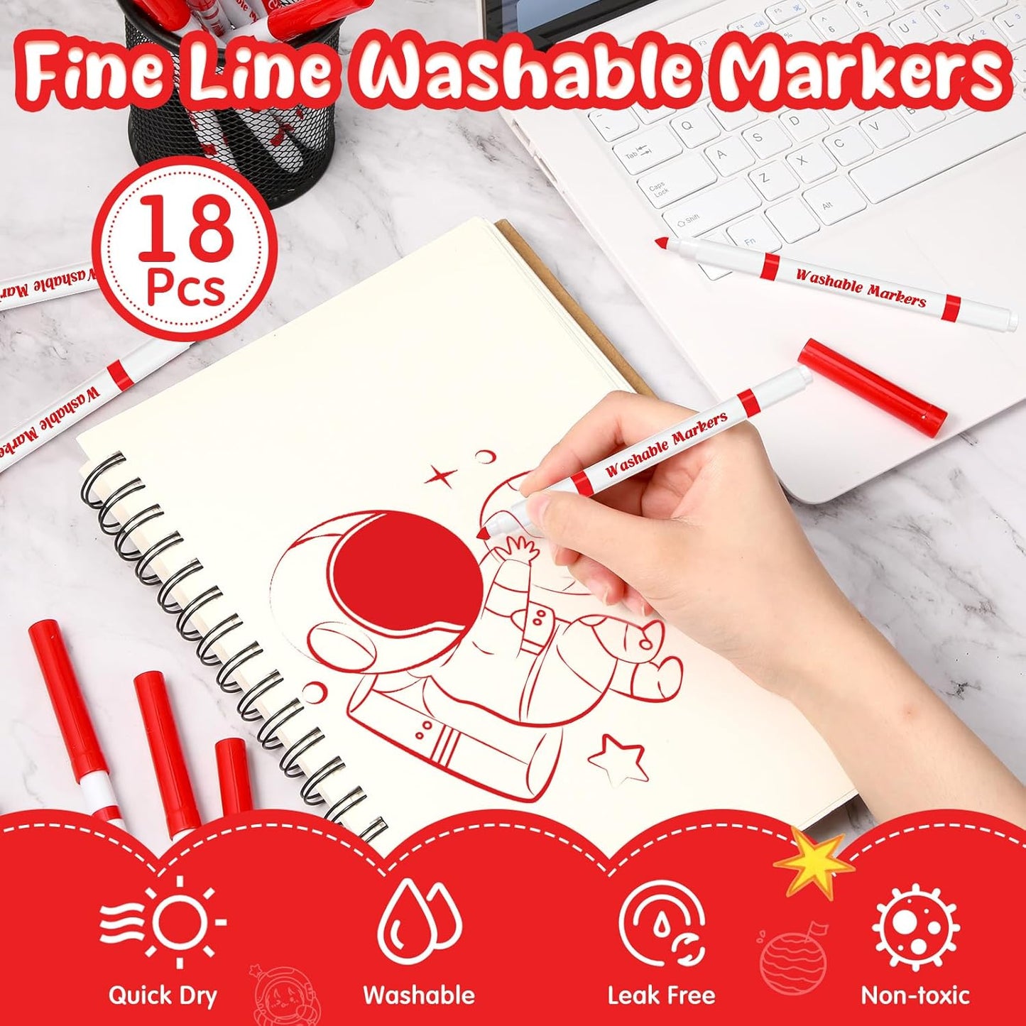 18 Pcs Line Washable Markers Bulk Red Fine Tip Markers Set Coloring Thin Tip Drawing Washable Pen for Kids Art School Classroom Back to School Gender Reveal Party Supplies, Ages 6+