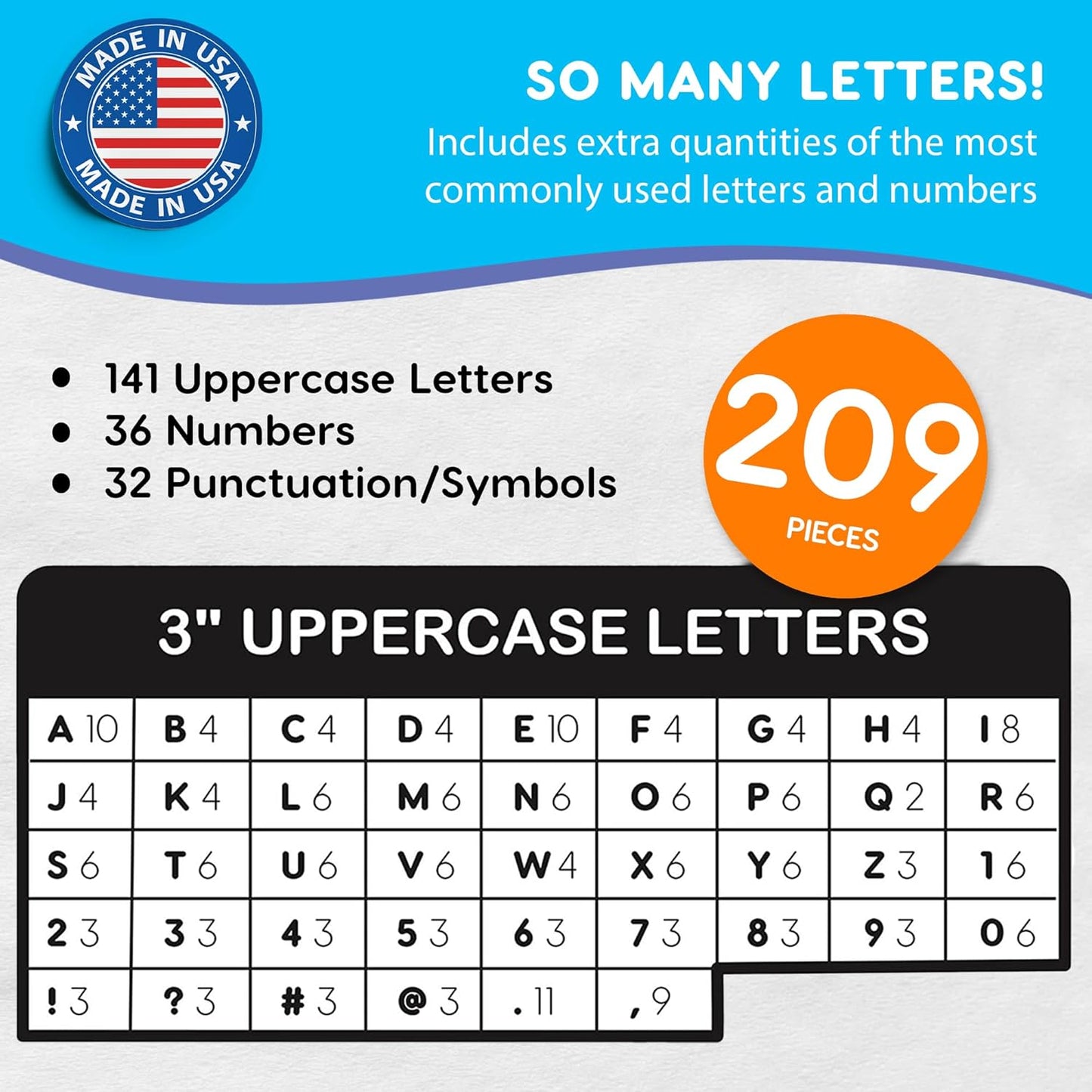 209 Pcs 3" Happy Colors Precut Letters & Numbers - Capital, Numbers, Punctuation - US Made Card Stock for Poster, Bulletin Board, Classroom