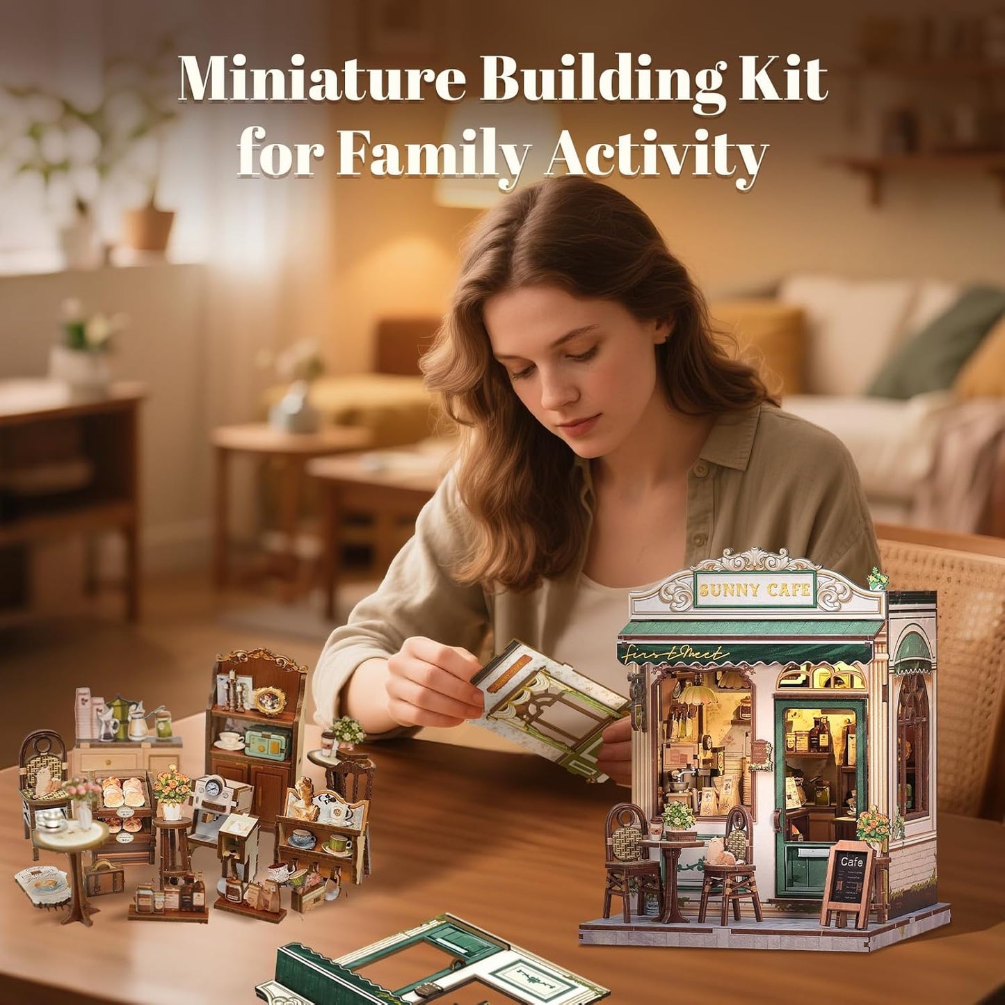 Fsolis Book Nook Kit - DIY Scene Miniature Dollhouse Kit for Adults Bookshelf Puzzle Tiny House Mini Craft Coffee Shop Model Bookshelf Decor Gifts for Women Book Lovers Puzzle Beginners (Sunny Cafe)