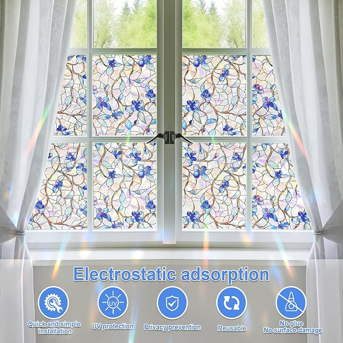 Window Privacy Film Home Room Bathroom Spring Decor Car Decorations One Way Privacy Window Clings Decals Tint Door Cover Rainbow Renter Friendly Stickers Static Cling Stained Glass Windows