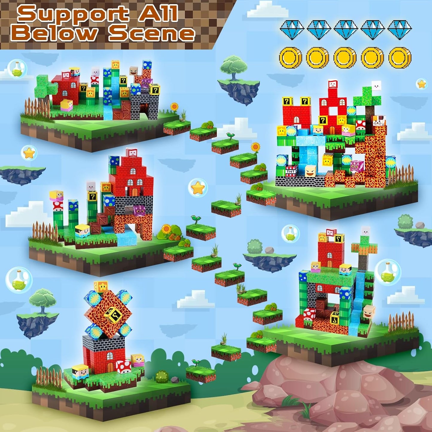 Magnetic Blocks-150 PCS Build Adventure Game Castle World Set - Magnetic Building Cubes Stacking, STEM Montessori Sensory Toys for Kids Boys Girls Ages 3 4 5 6 7 8 9 10 Eater Birthday Gifts