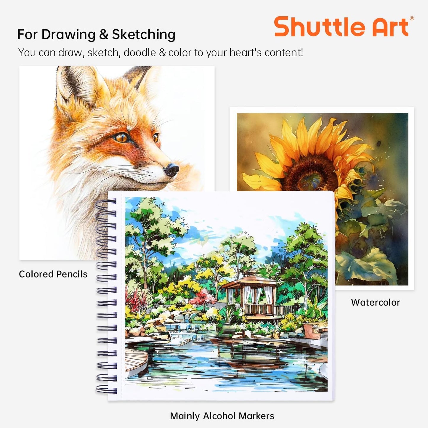 Shuttle Art Marker Pad, 8.3”x8.9” Portable Square Sketchbook, 80 Sheets Marker Drawing Paper, 120LB/200GSM Bleedproof Art Paper, Spiral-Bound, Great for Professional Artist to Draw, Paint & Sketch