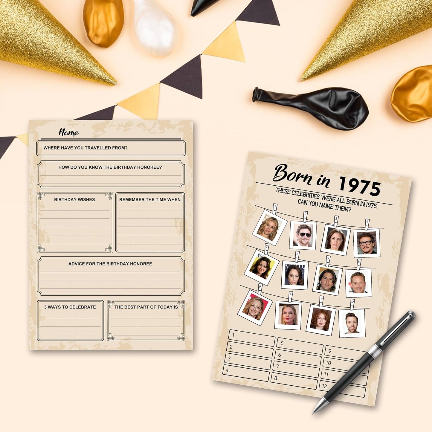 QUPT 50th Birthday Party Games,Set of 5 Activities for 10 Guests, Born in 1975 Games Bundle, Birthday Party Supplies for Adults, Pack of 50 Cards