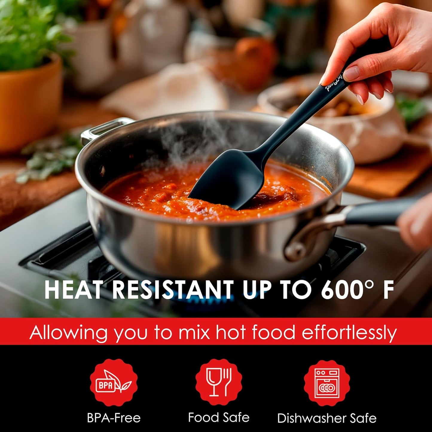 Silicone Spoon Spatula - 600ºF Heat-Resistant Non-Stick Rubber Spoonula | Use as Silicone Kitchen Scraper Utensil - Baking and Cooking Strong Stainless Steel Core | UpGood Kitchen Utensils, (Black)