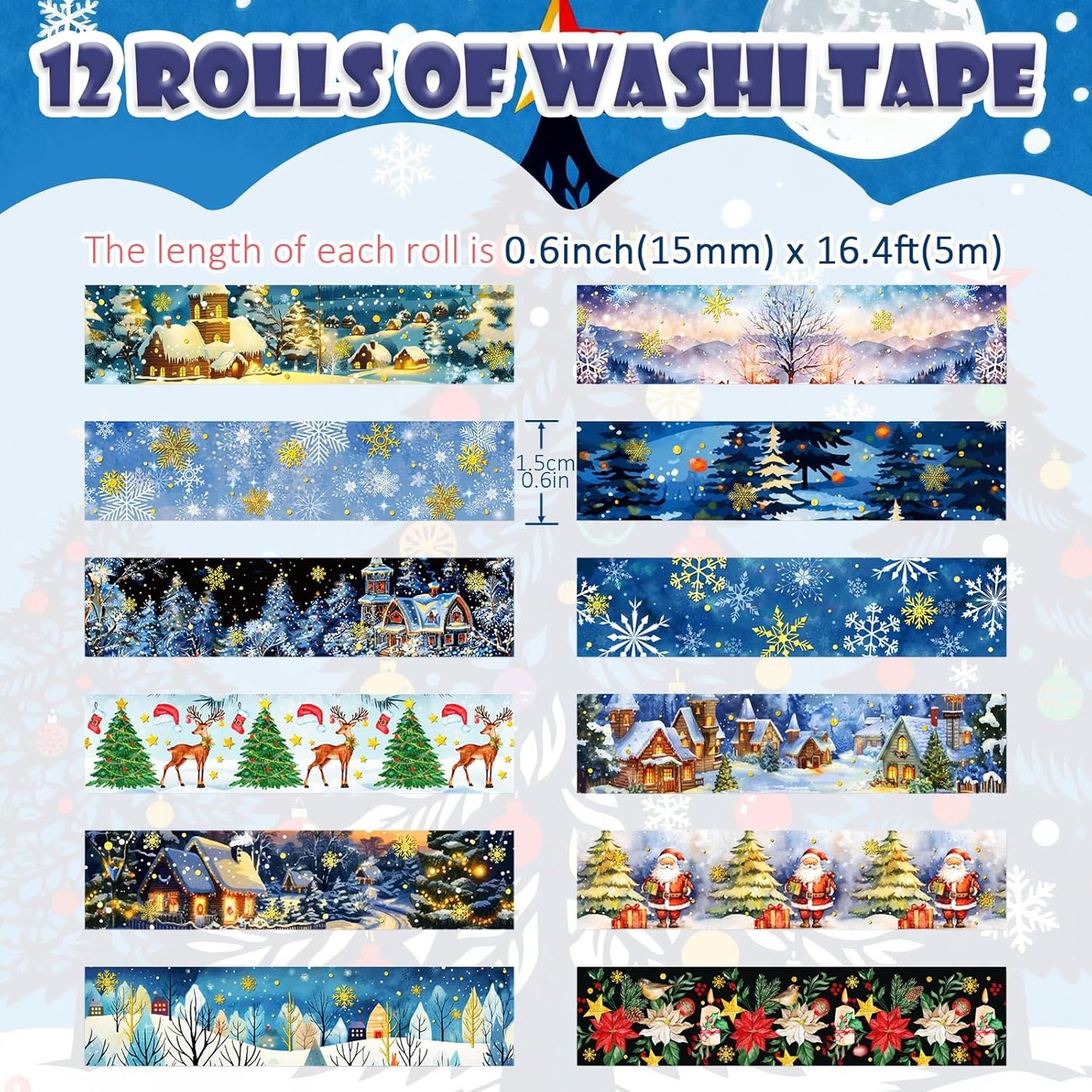 12 Rolls Christmas Washi Tapes, Christmas Tree Snowflakes Santa Claus Masking Tape, Gold Foil Winter Xmas Decorative Tape for Planner Scrapbook Journal DIY Arts Craft Gift Wrapping 16.4FT