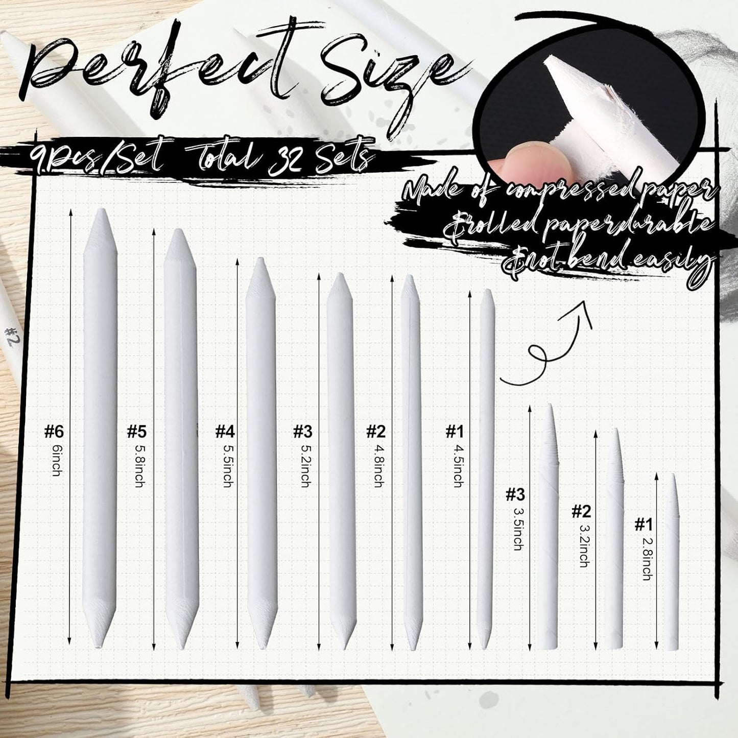 Fulmoon 288 Pcs Blending Stump and Tortillion Set Paper Art Blenders Blend Stumps for Drawing Shading Drawing Supplies Pencil Sketch Paint Tools for Student (Assorted,Mixed Sizes)