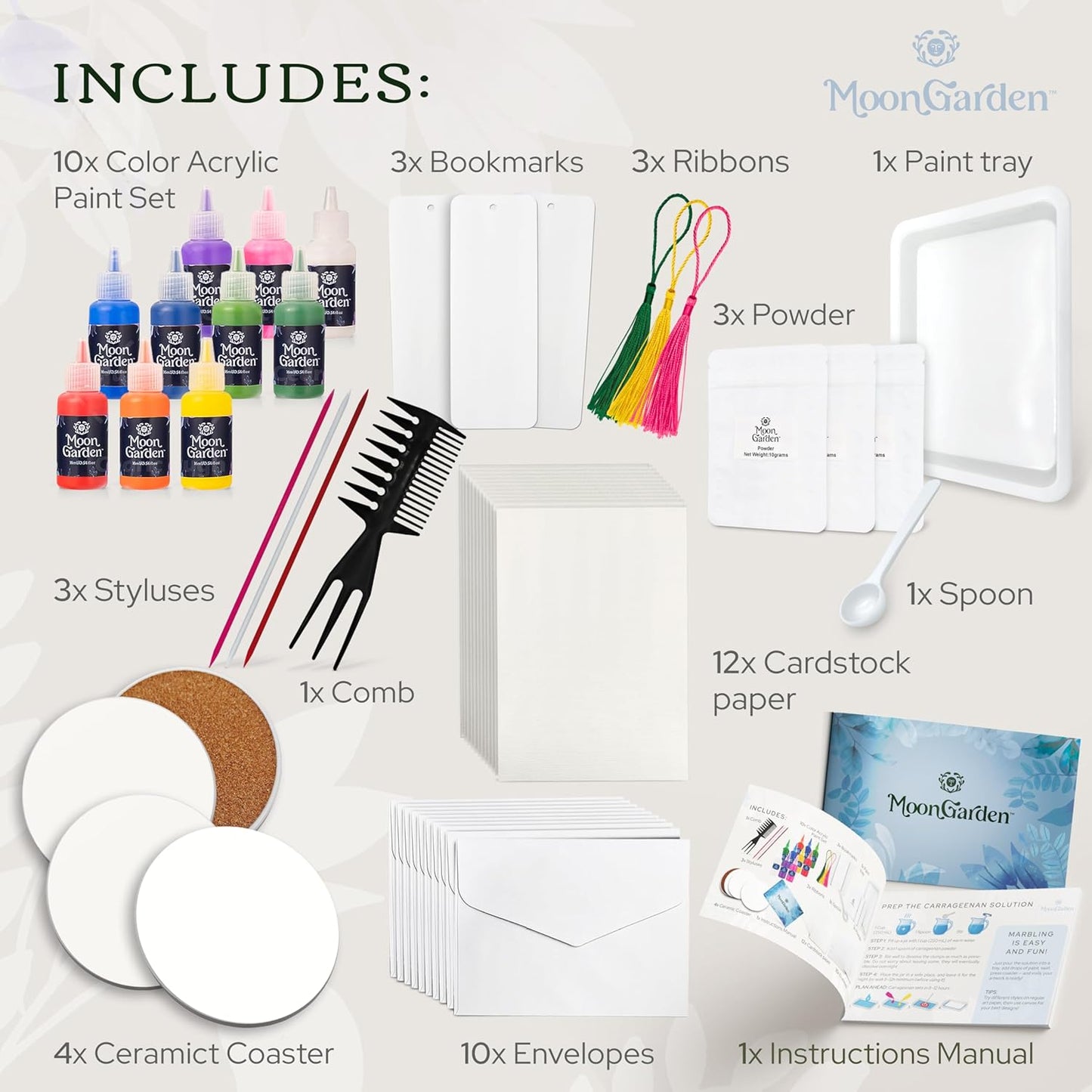 MoonGarden Marble Painting Coaster kit - Marble Painting Kit for Adults - 12 Color Paints, Ceramic Coasters, Bookmark Paper and Cardstock Paper - Relaxing and Creative DIY Activity