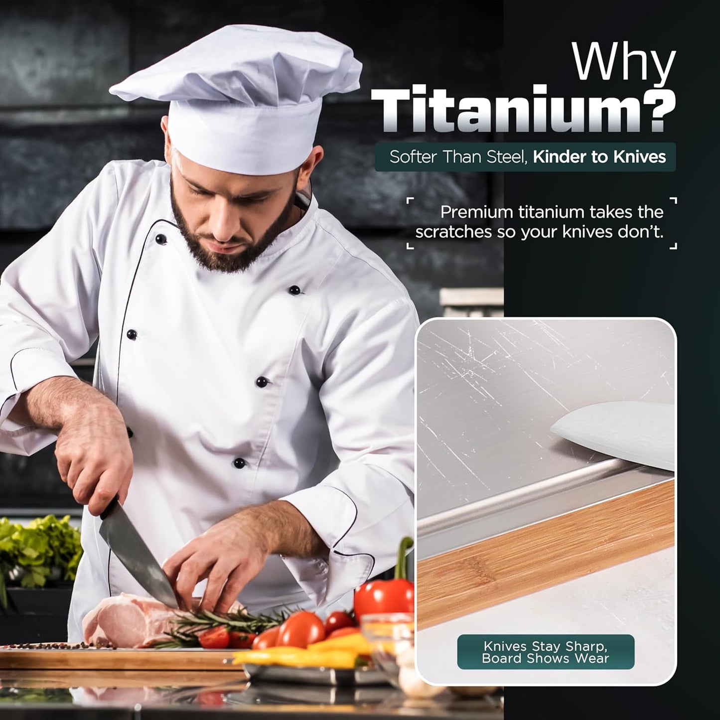 Pure Titanium Cutting Board - Double-Sided Titanium Cutting Board for Kitchen with Bamboo Side - Large 16"x12"
