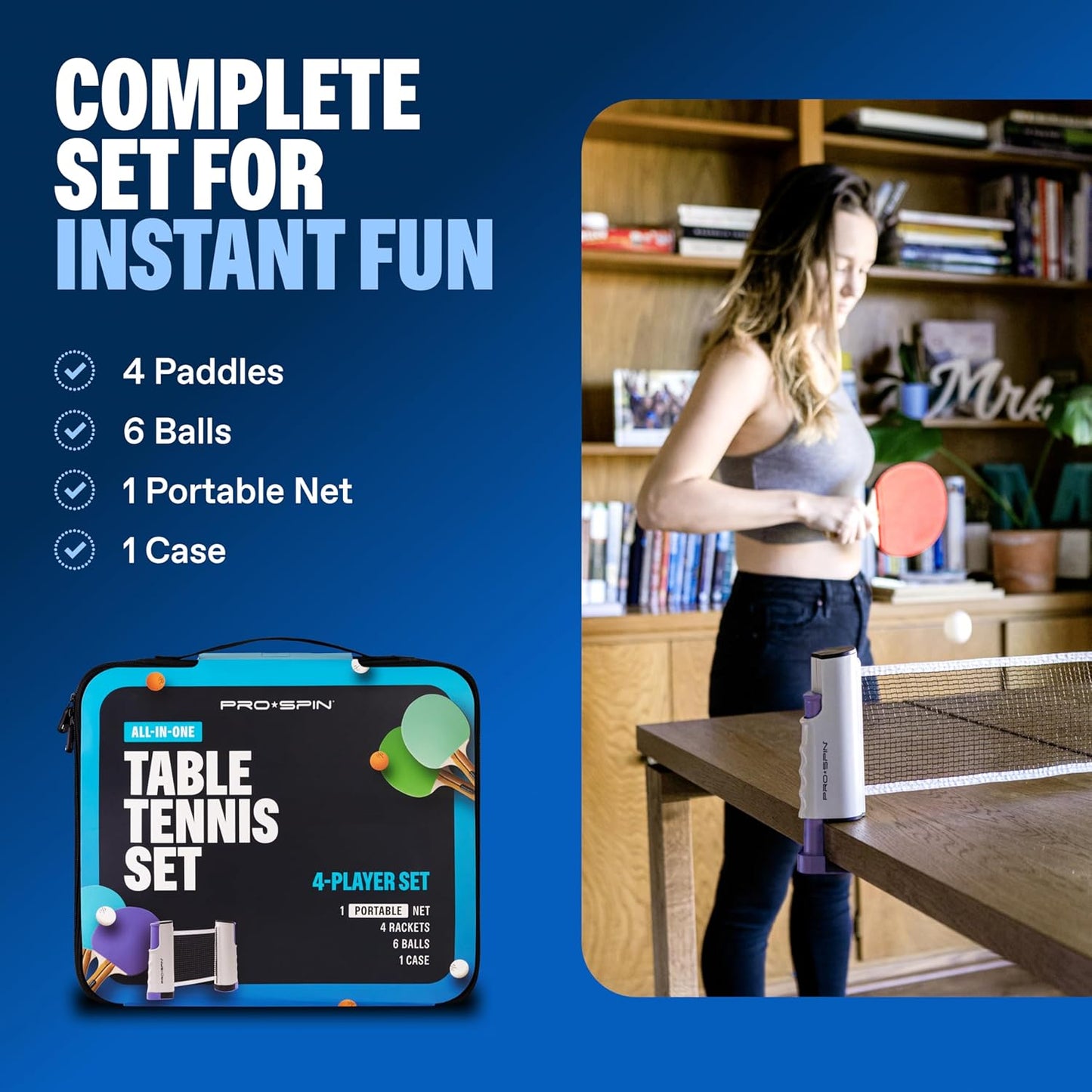 PRO SPIN All-in-One Ping Pong Set - Retractable Ping Pong Net for Any Table (72"), Ping Pong Paddles and Balls, Storage Case - Portable Table Tennis Family Games, Gifts for Boys & Girls