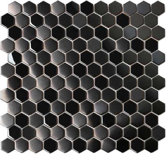 Blujellyfish Hexagon Black Tile Backsplash Metal Mosaic Wall Floor Tiles (Box of 5 Sheets)