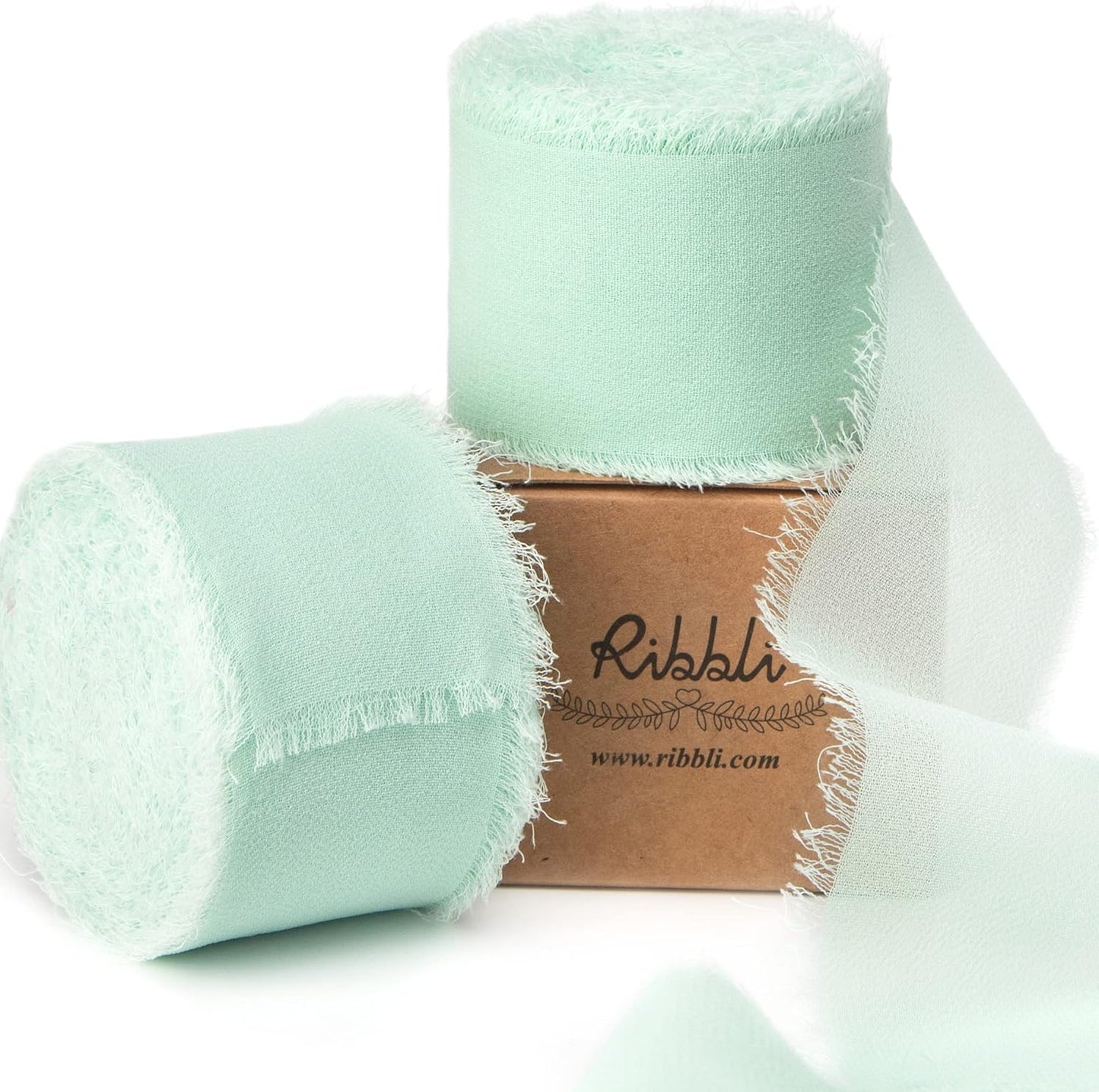 Ribbli Mint Green Chiffon Ribbon 1-1/2 inch x 20 Yard Handmade Fringe Chiffon Silk Ribbon, Mint for Wedding Invitations, Bridal Bouquets Wrapping, Flower Arrangement Decoration