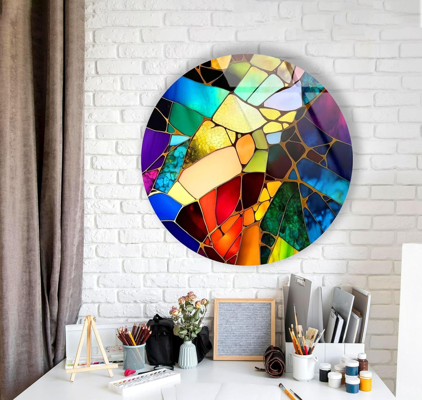 My Photostation.com 15.8''(40cm) Diameter Multicolor Round Stained Glass Wall Art Vibrant Mosaic Abstract Panel Tempered Glass Printing Wall Decor Large Wall Art Wall Hangings