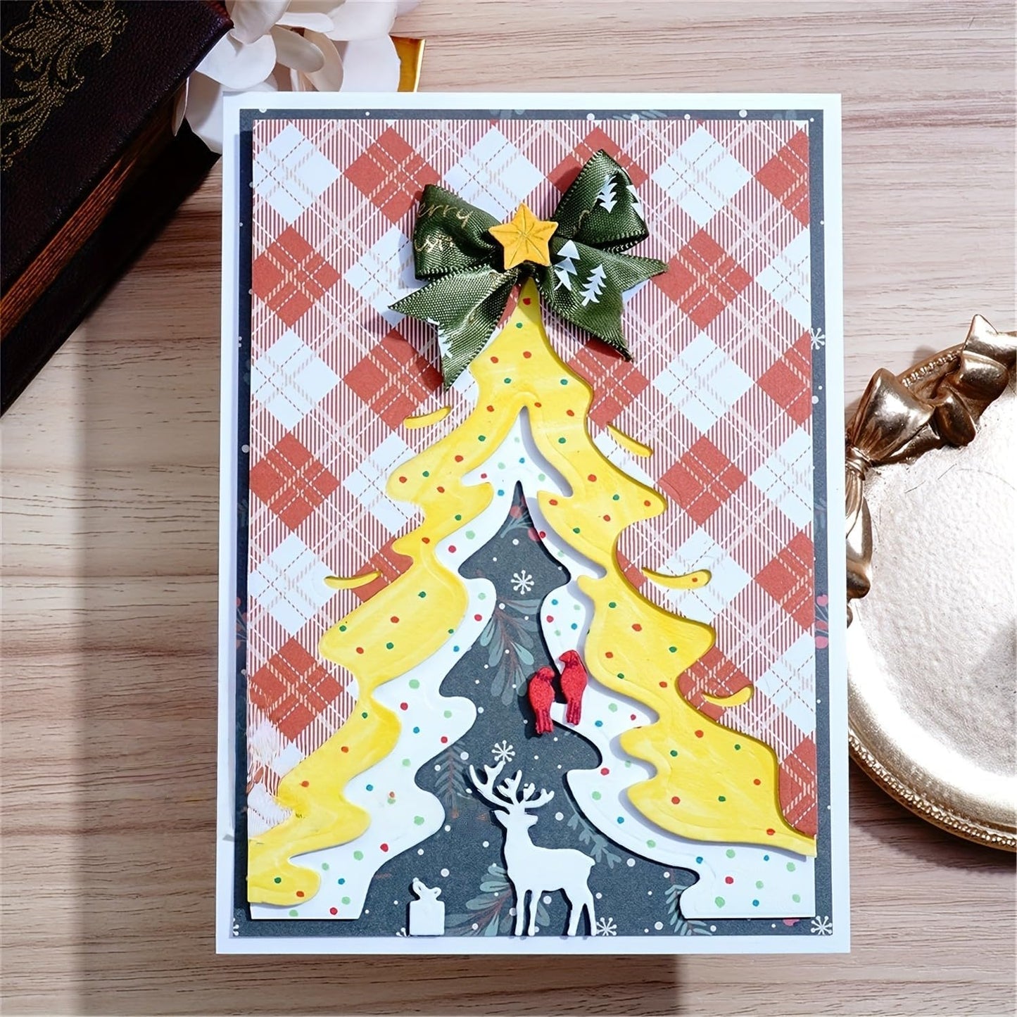 Festivals Metal Cutting Die for Scrapbooking, Christmas Cut Stencils for DIY Scrapbook Photo Album Decorative Paper Card, Card Making Supplies, Embossing (Tree & Fawn 6.1 x 4.2 in)