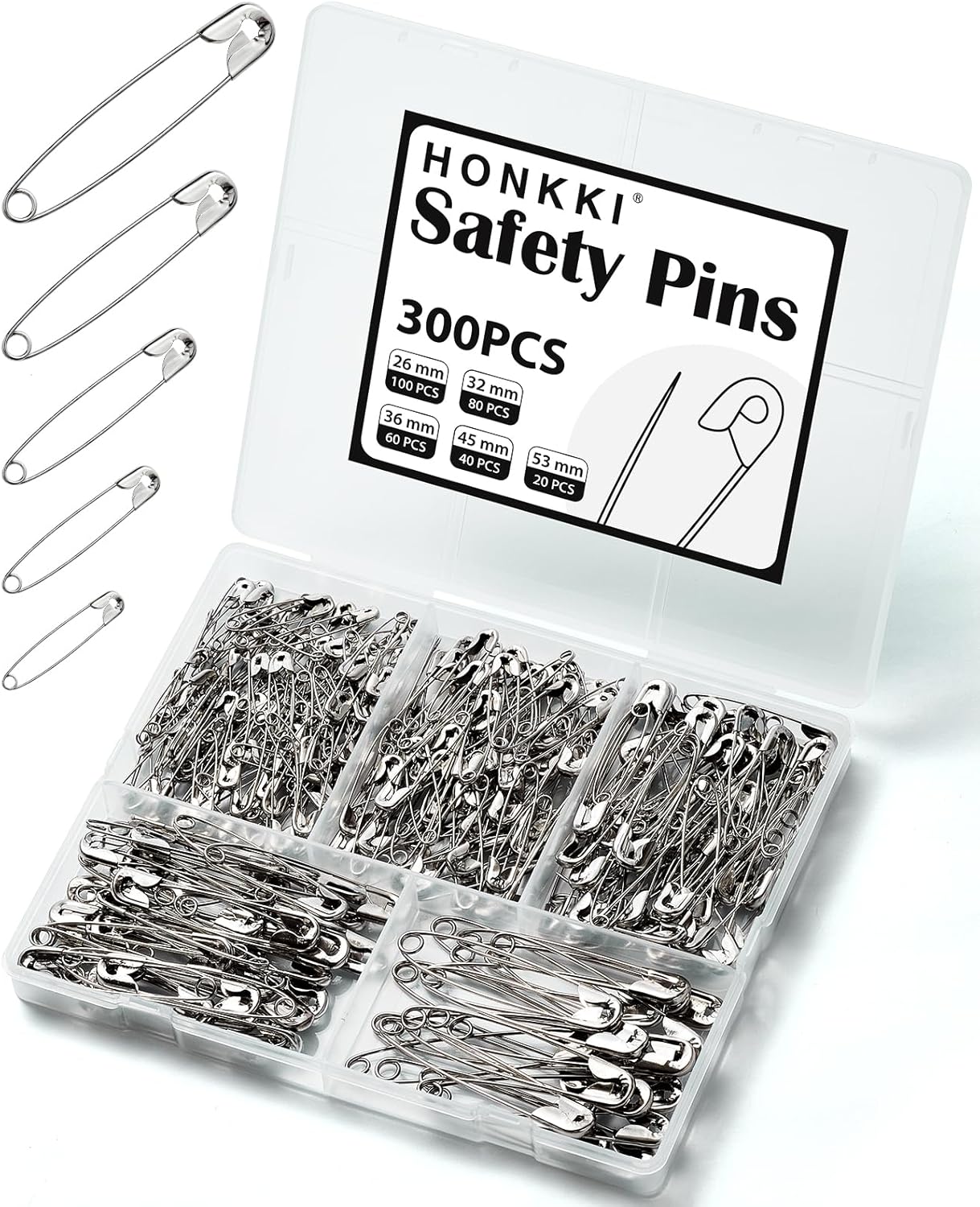 Silver Safety Pins 300 PCS, 5 Assorted Sizes of Durable, Small and Large Safety Pins Bulk, Sharp Edge Pins for Clothes, Sewing, Arts & Craft