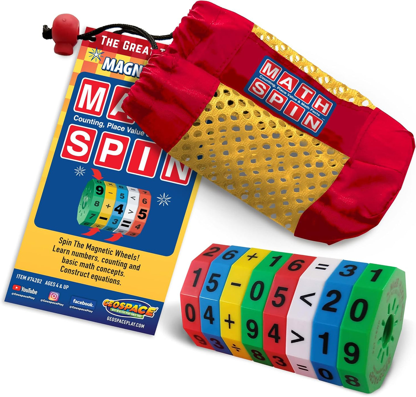 Geospace Original Math Spin Educational Travel Edition for Kids with Numbers & Arithmetic Operations- Handheld Magnetic Learning Game with 8 Magnetic Spin Wheels & Handmade Storage Pouch