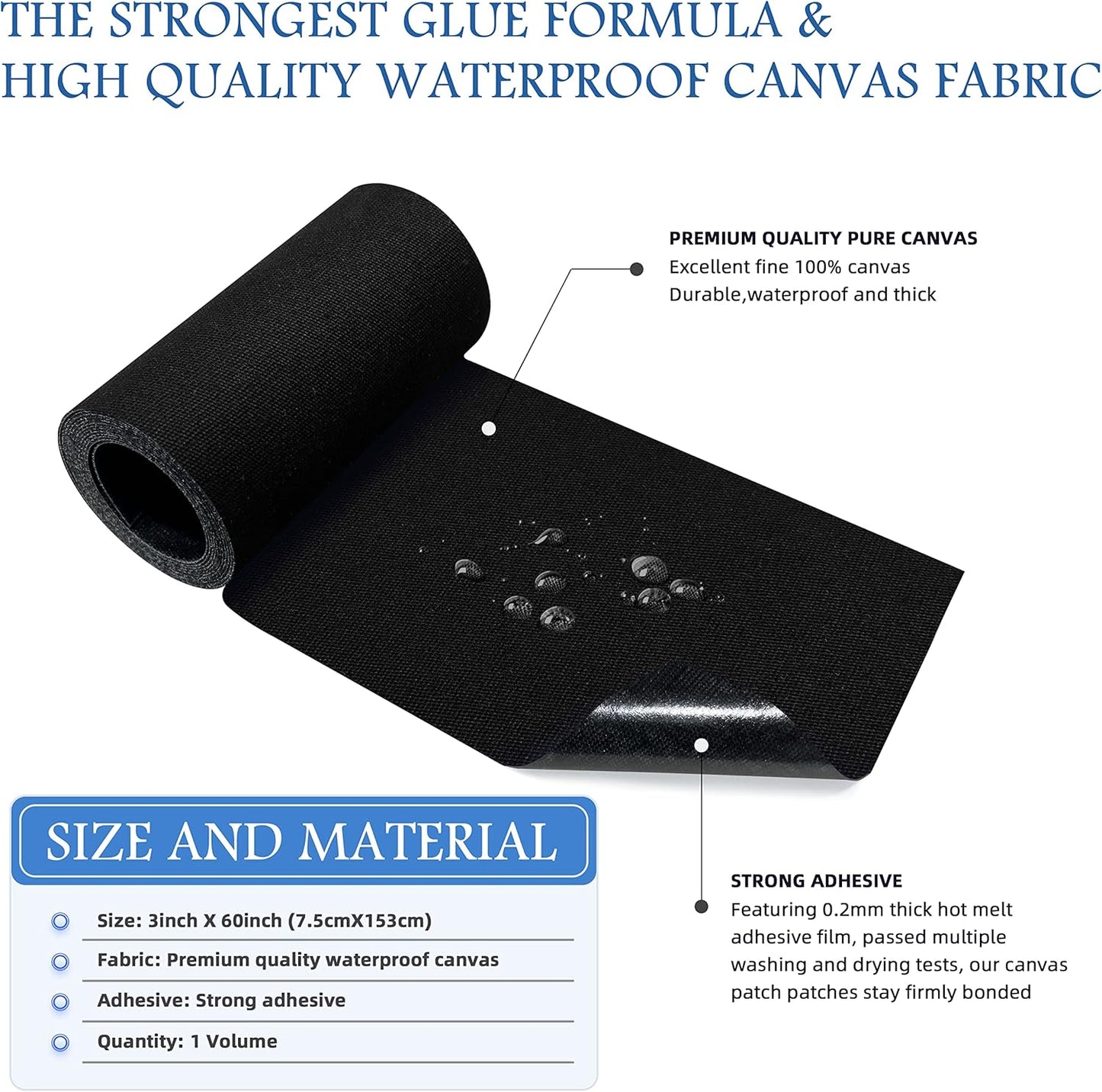 KING MOUNTAIN Canvas Iron on Patch,3"×60",Waterproof 100% Cotton Fabric Repair Patch,Used for Various Sofa,Tent,Clothes,Seats,Suitcases (Black,Waterproof)