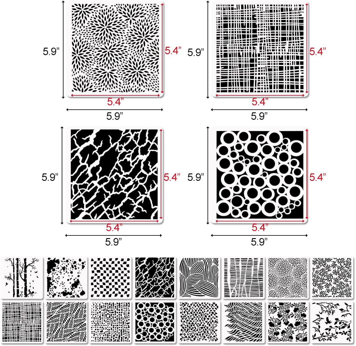 16 Pcs Layering Stencils for Painting - 6"x6" Mixed Texture Trees, Flowers, Leaves, Dots, Checkered, Buffalo Crackle, Splatter Stencils for Canvas, Mix Media Spray Paint