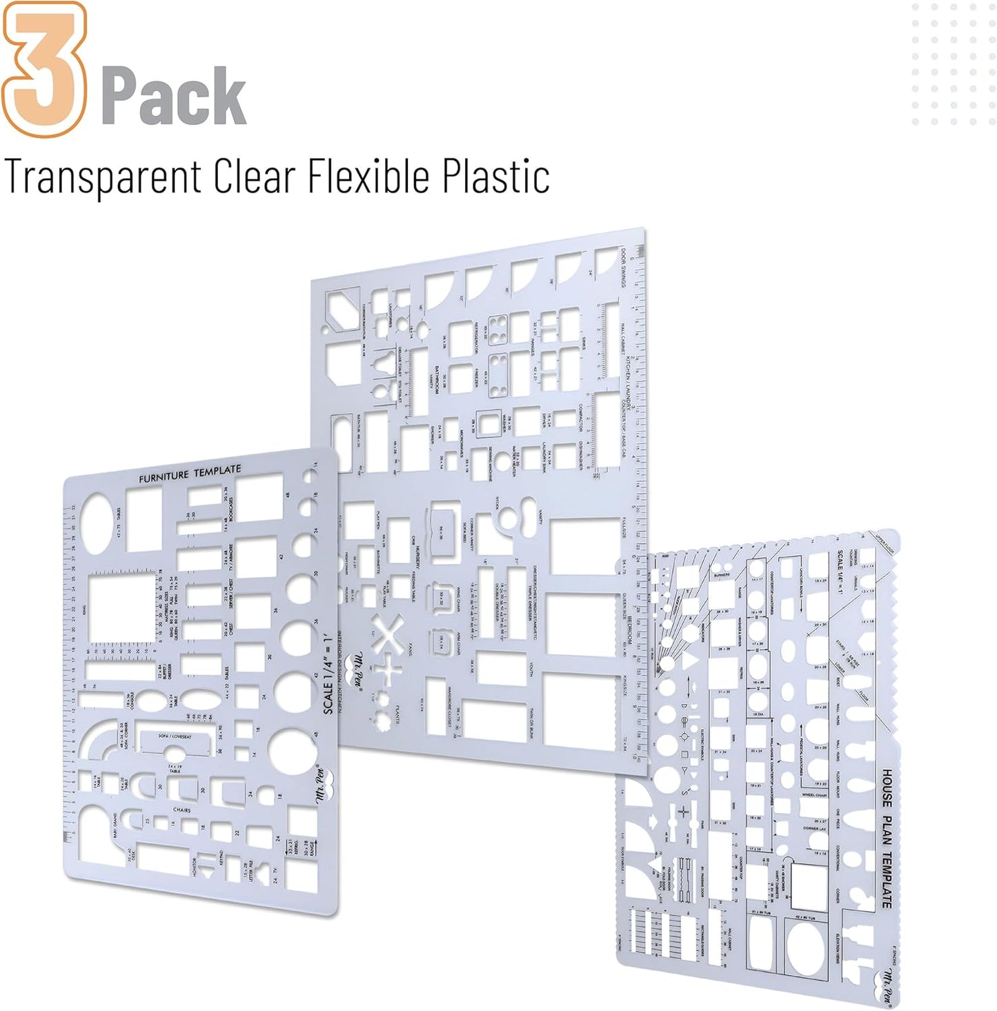 Mr. Pen- House Plan, Interior Design and Furniture Templates, Drafting Tools and Ruler Shapes for Architecture - Set of 3