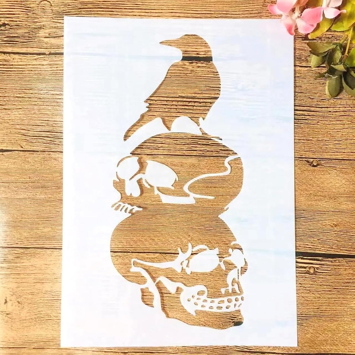 TIAMECH A4 Reusable Halloween Crow Skull Stencil for Painting - Horror Ghost Atmosphere Layering Template, DIY Wall Art, Wood Furniture, Scrapbook & Crafts (8.3x11.7inch)