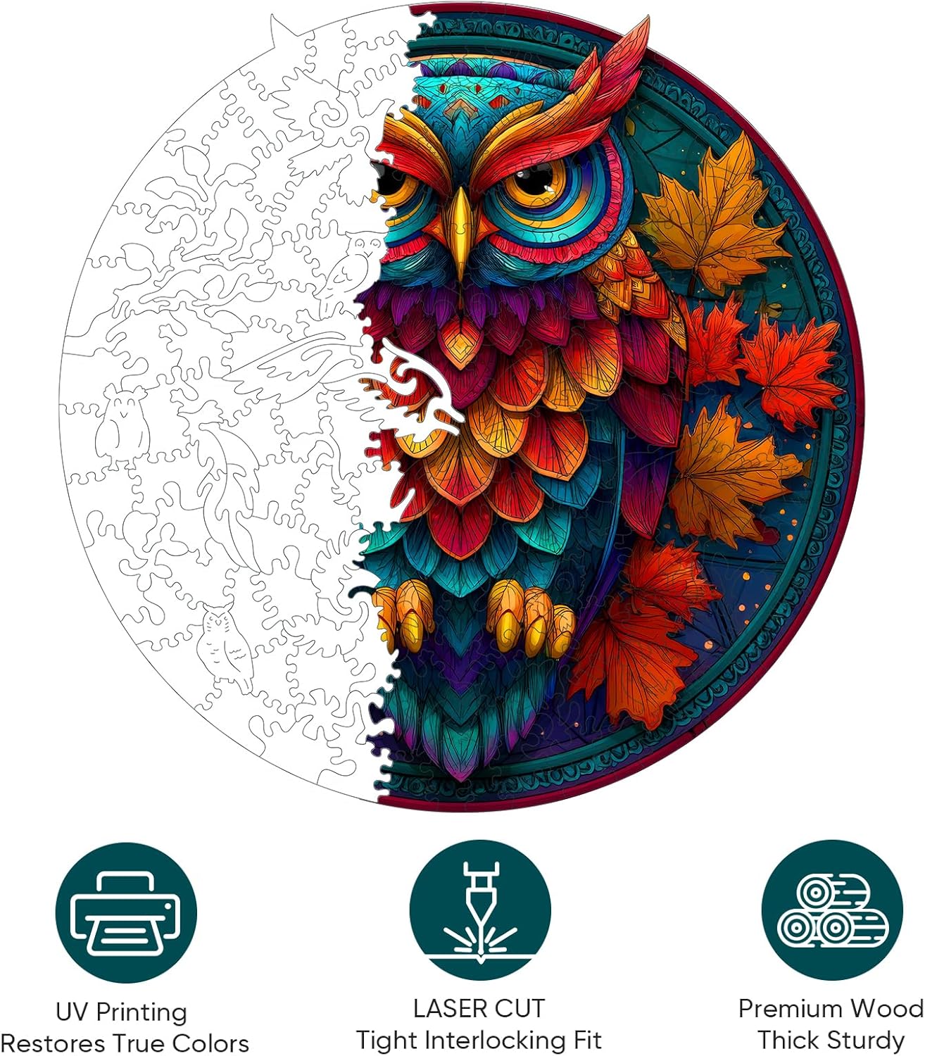 Wooden Puzzles for Adults, Colorful Owl Puzzles 200 Pieces, Unique Shaped Jigsaw Puzzles for Adults and Kids, Birthday Gifts Fun Challenge Family Game 11.2'' x 11.2''