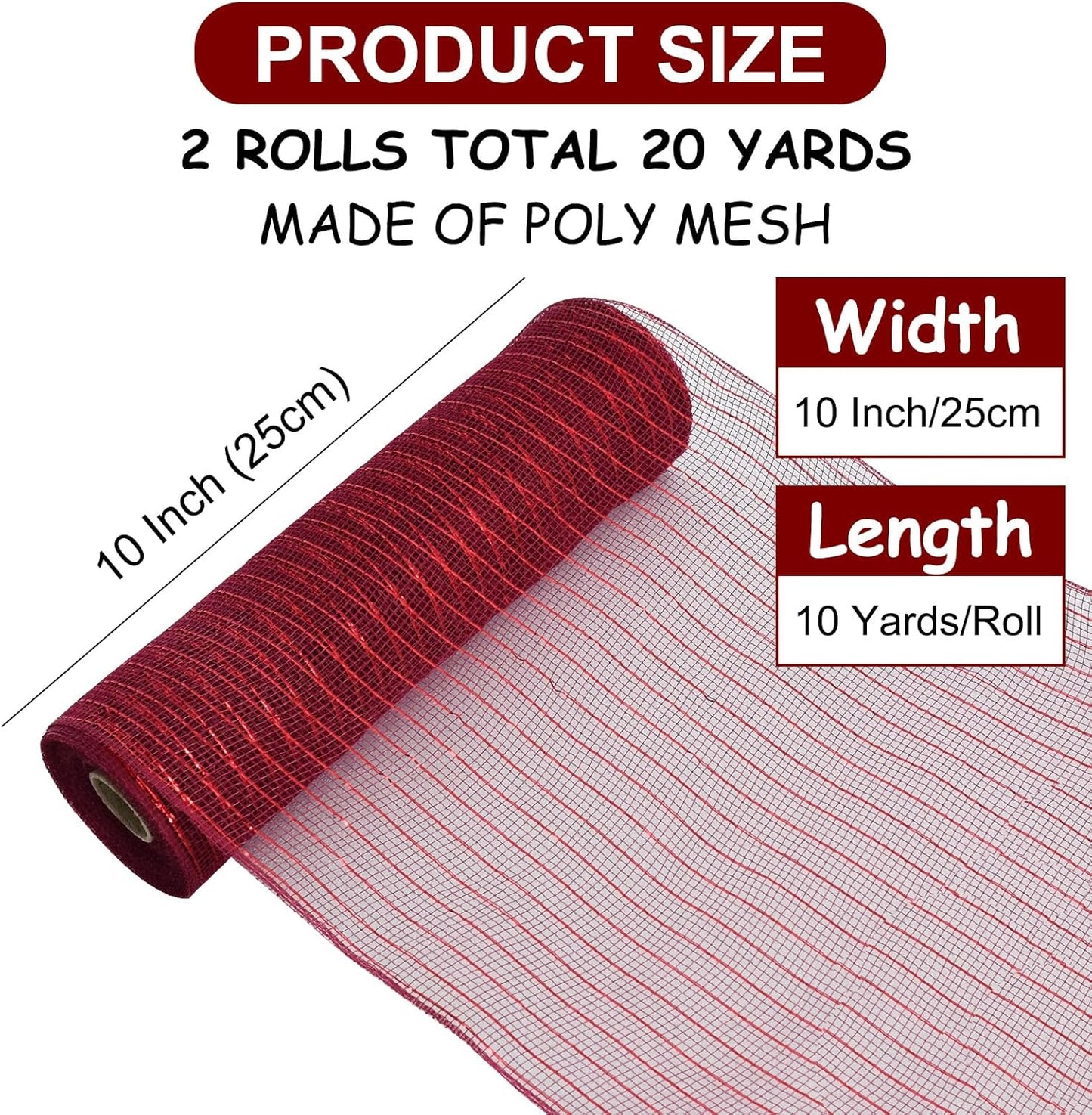 TONIFUL 2 Rolls 10 Inch Claret Decorative Mesh Ribbbon Rolls, Fabric Mesh with Foil for Wreath Supplies, Front Door Wreath Crafts Tree Decor Christmas NewYears Halloween Decoration (10 yds/roll)