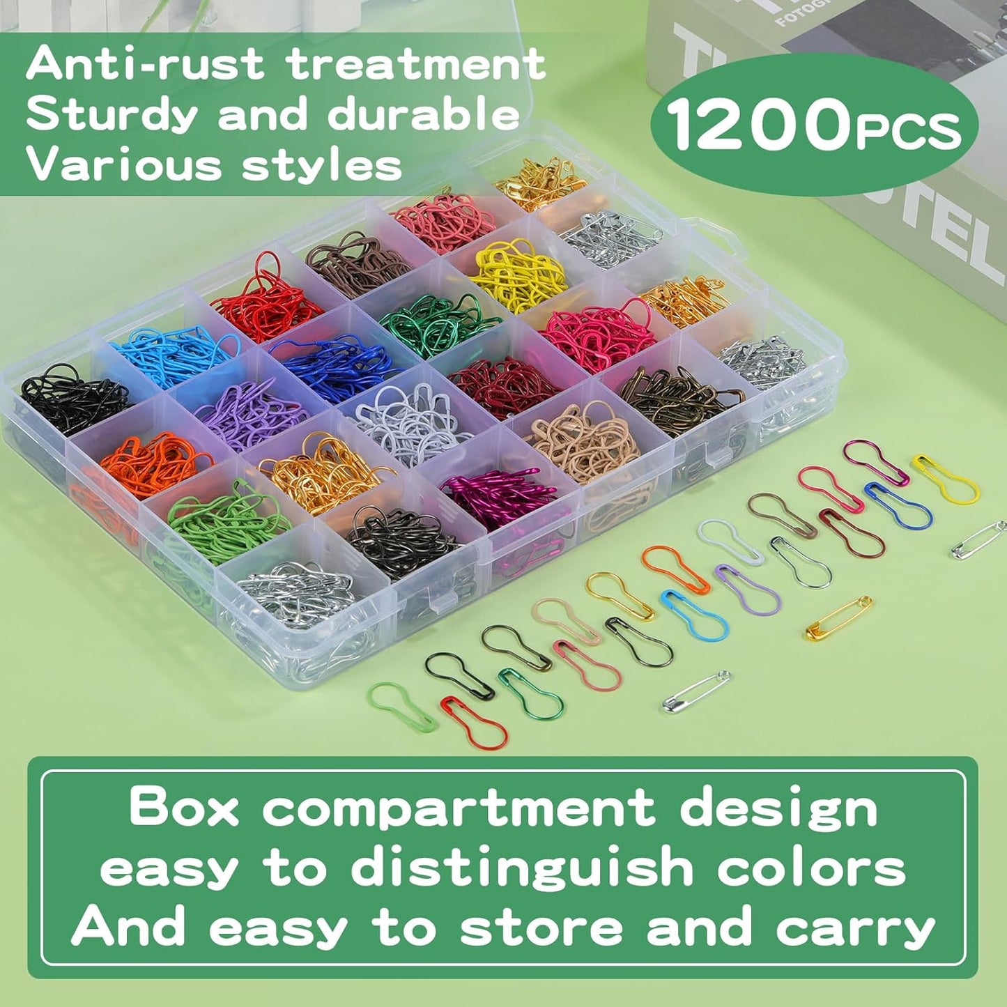 1200 Pcs 22 Colors Metal Safety Pins,Bulb Gourd Pins Pear Shaped Pins for Knitting Stitch Markers, Sewing Clothing DIY Craft Making with Storage Box