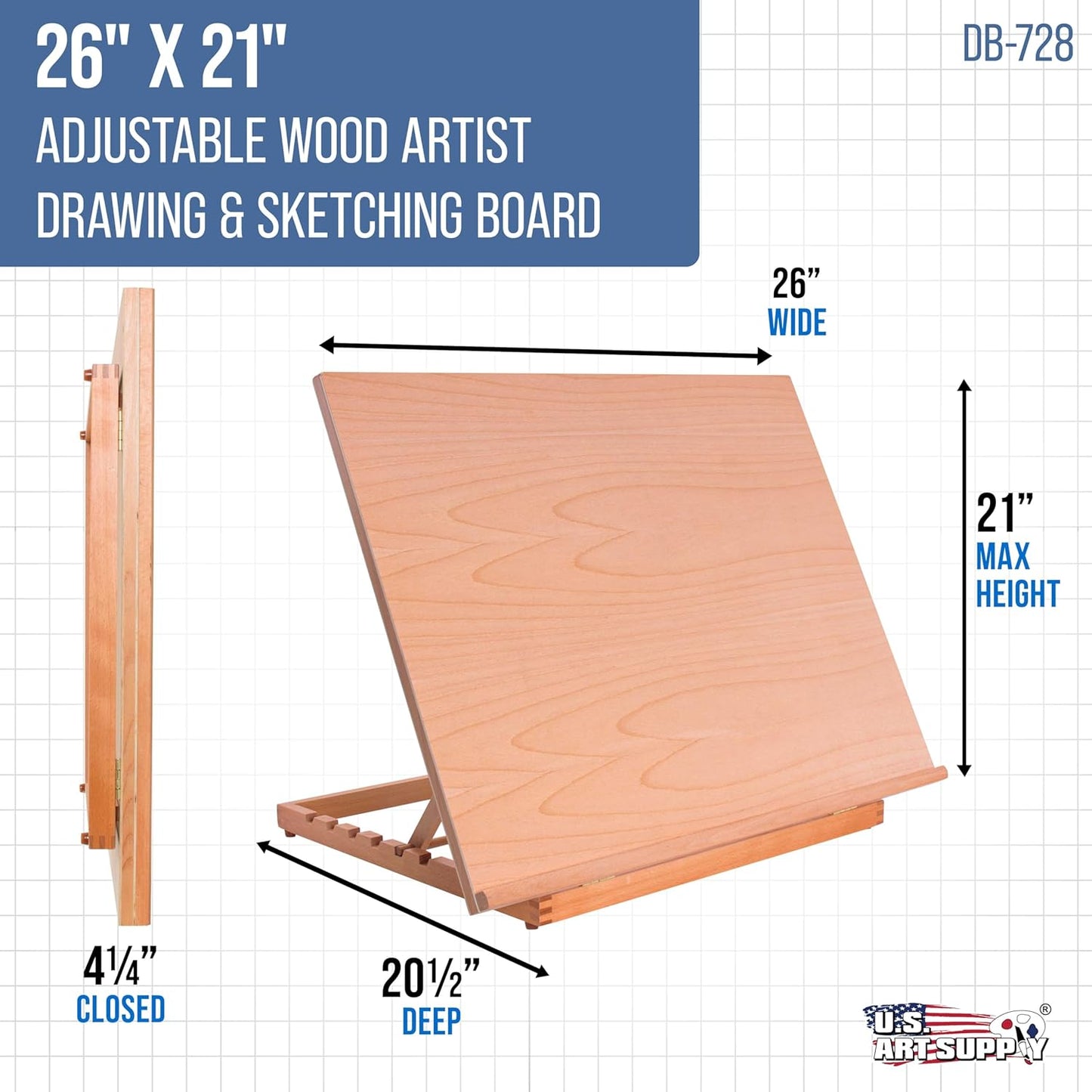 U.S. Art Supply X-Large 26" x 21" Adjustable Wood Art Drawing Board - 6 Angles, Beechwood Construction, Pencil Ledge, 24" T-Square - Ideal for Design, Drafting & Architecture Work